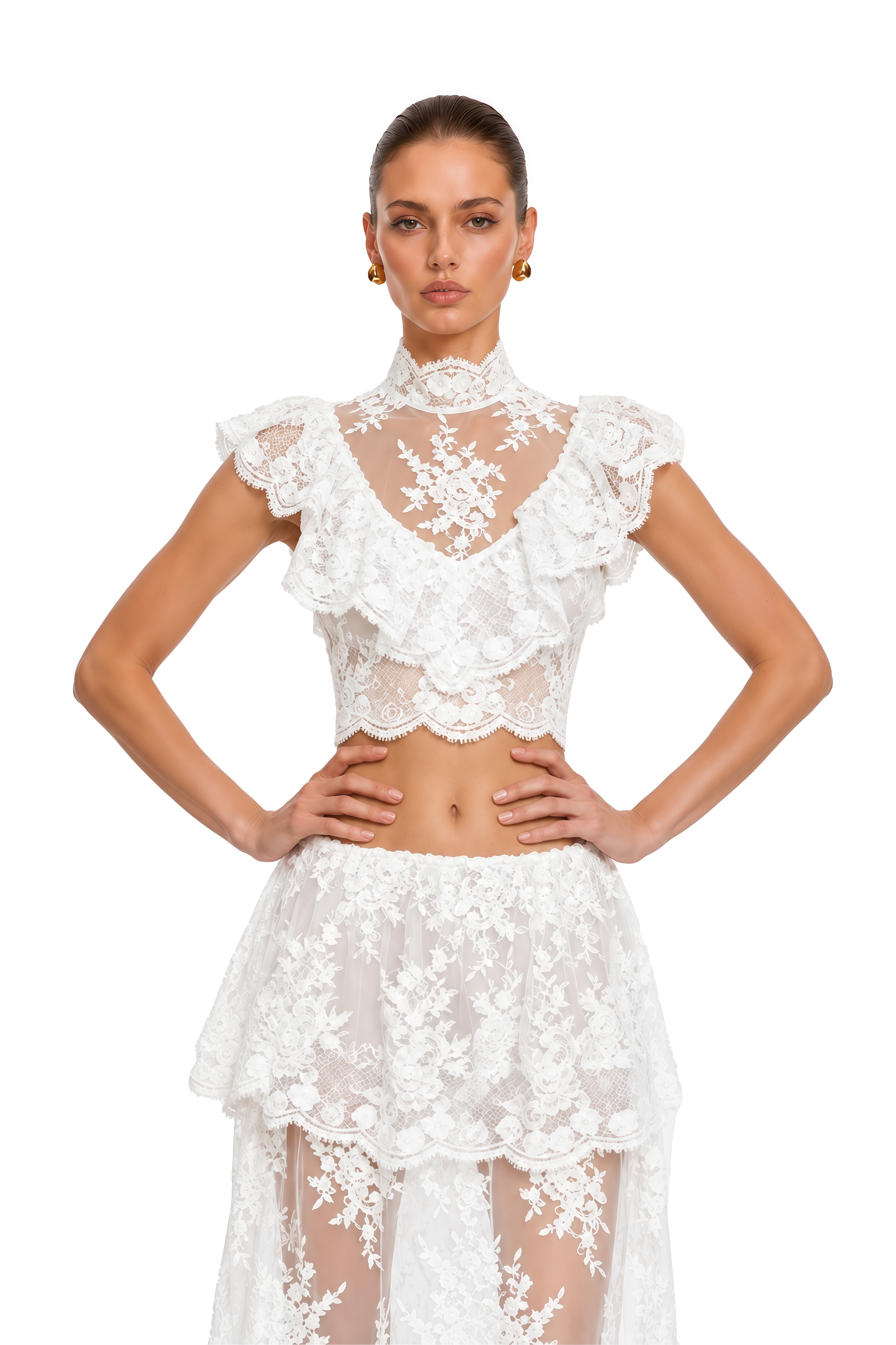 Corinne White Floral Lace Ruffled Top & Skirt Set