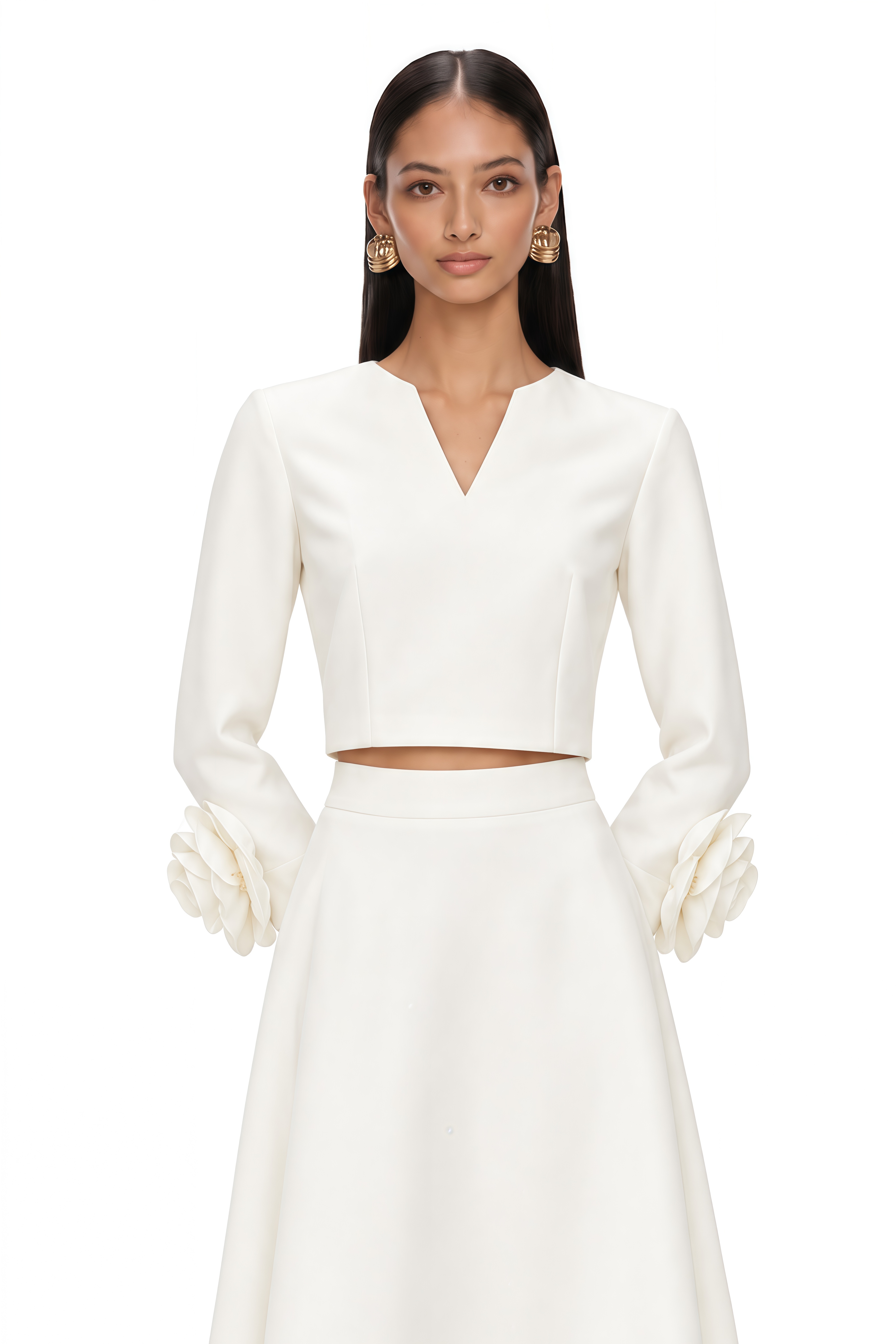 Hilaire White 3D-Petal Top & Skirt Matching Set