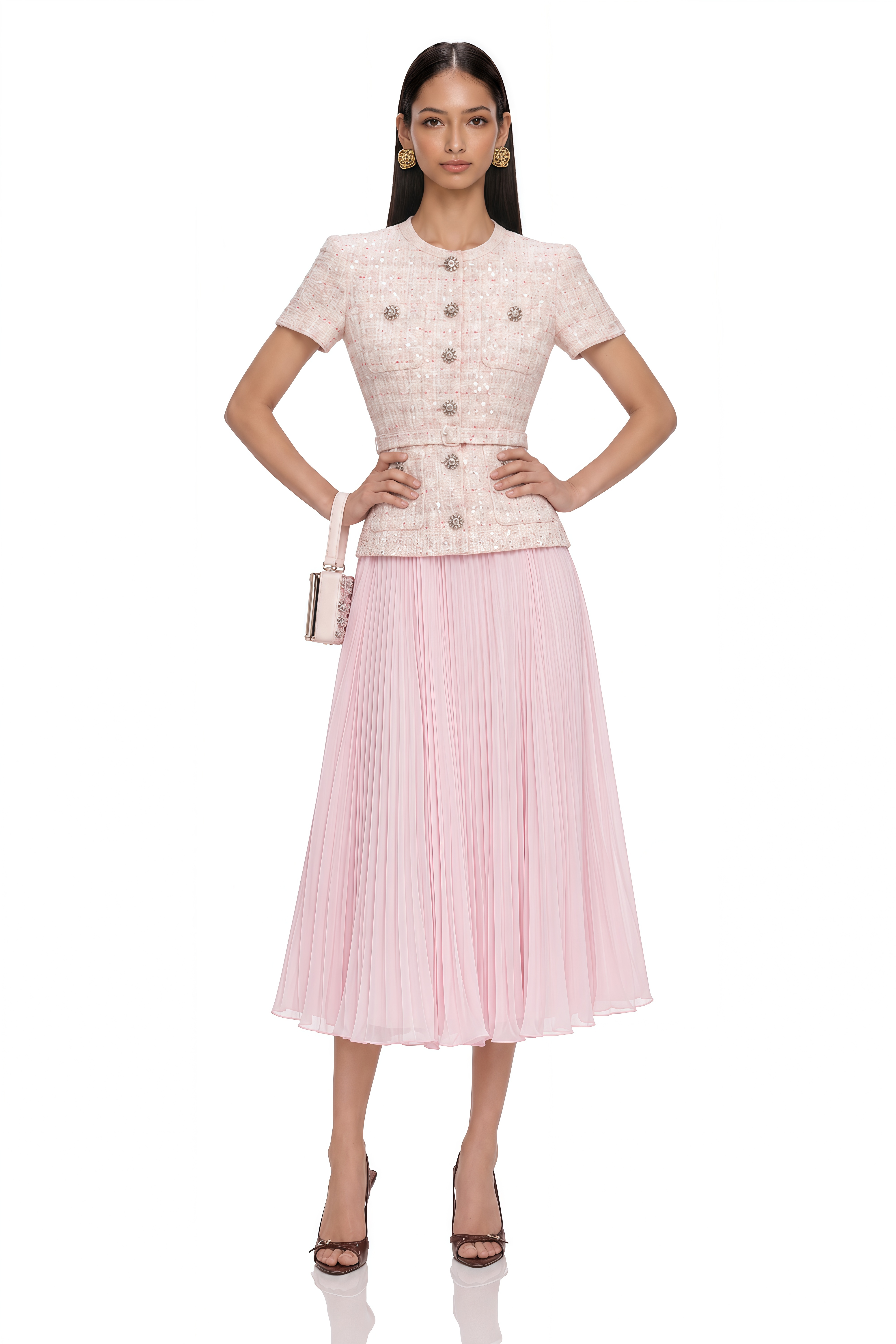 Tahmineh Pink Tweed Pleated Midi Dress