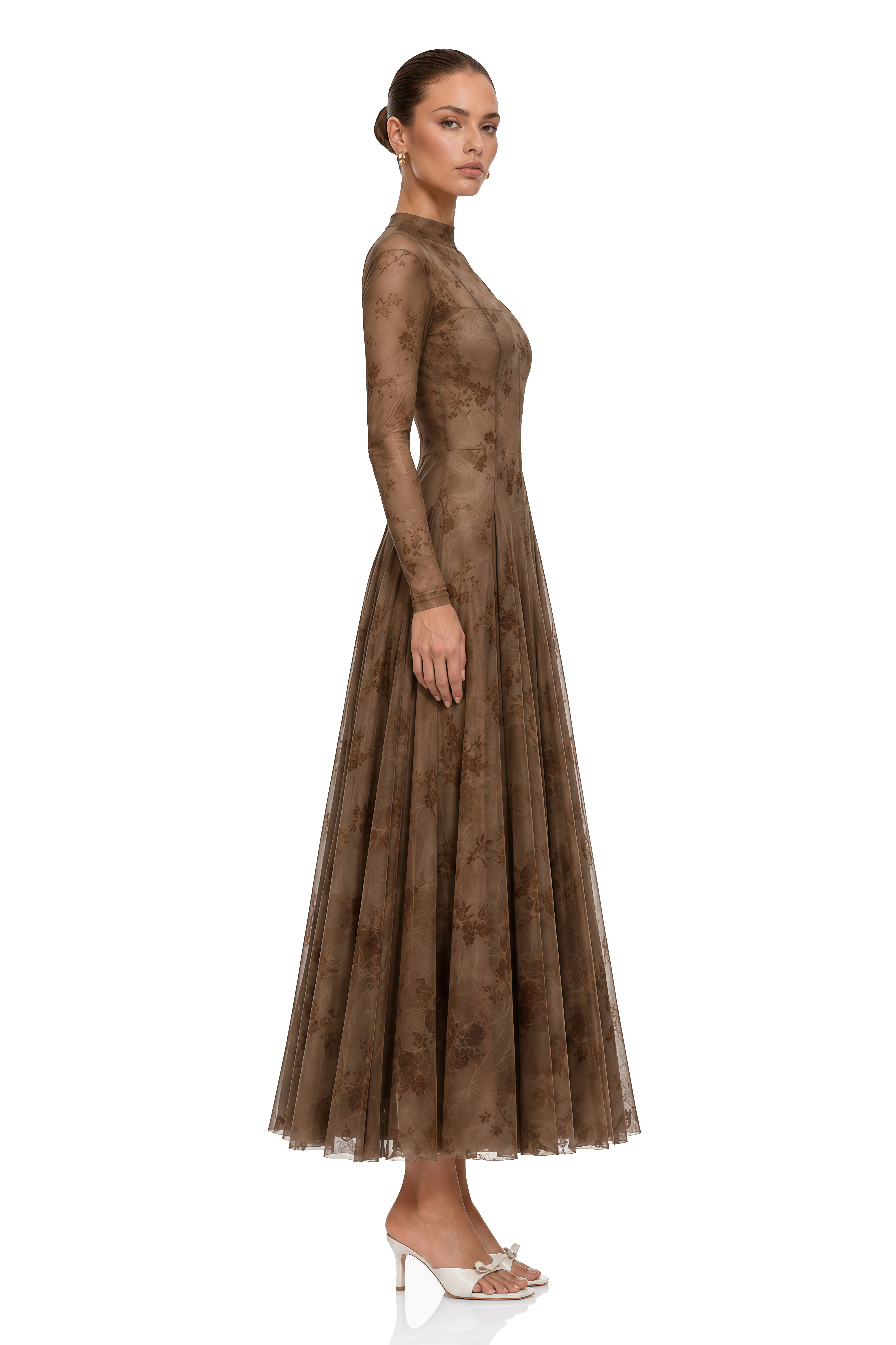 Ariadne Brown Flocked Tulle Maxi Dress