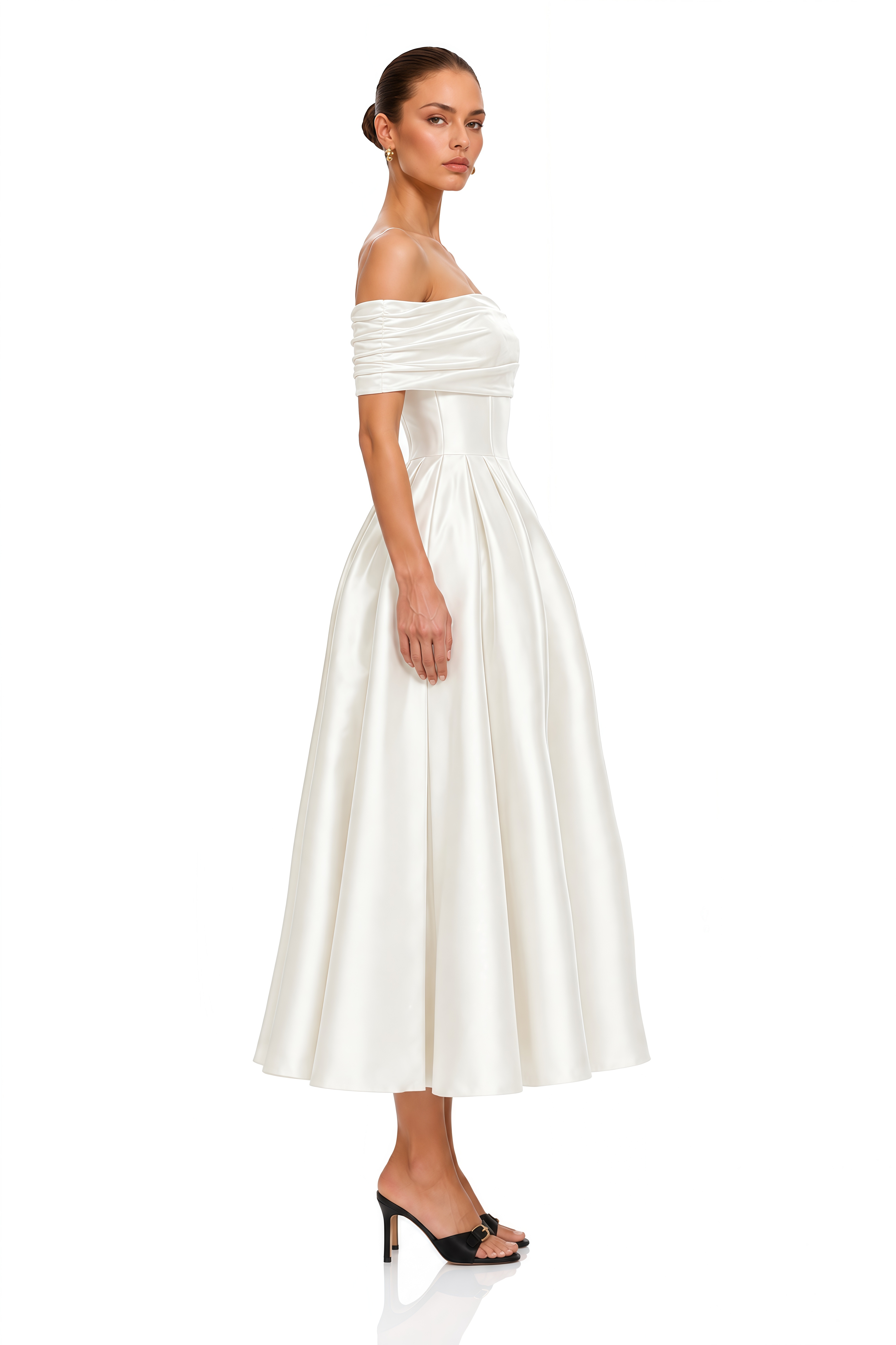Ainara White Off Shoulder Polished Midi Dress