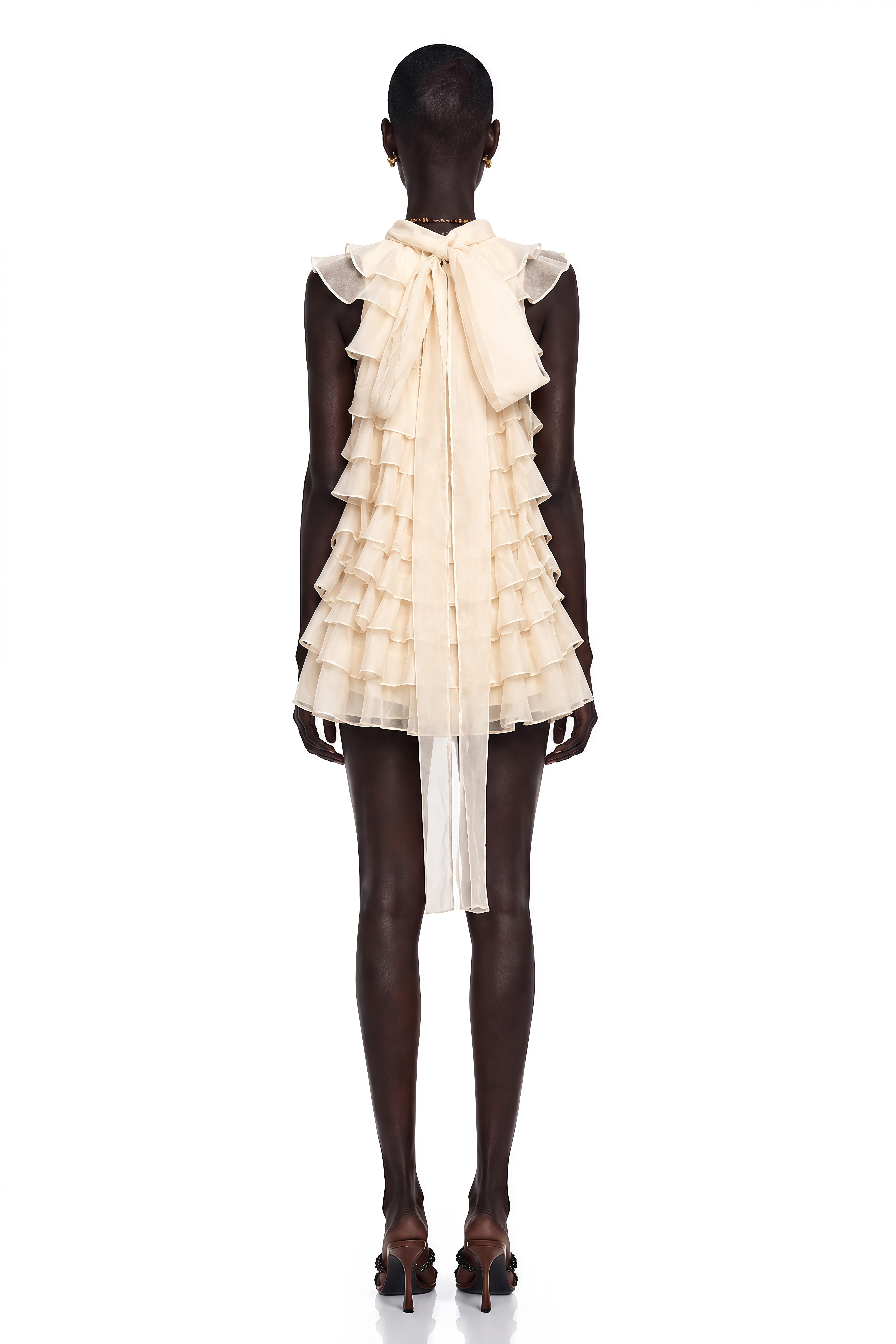 Cream high-neck tiered ruffle mini dress
