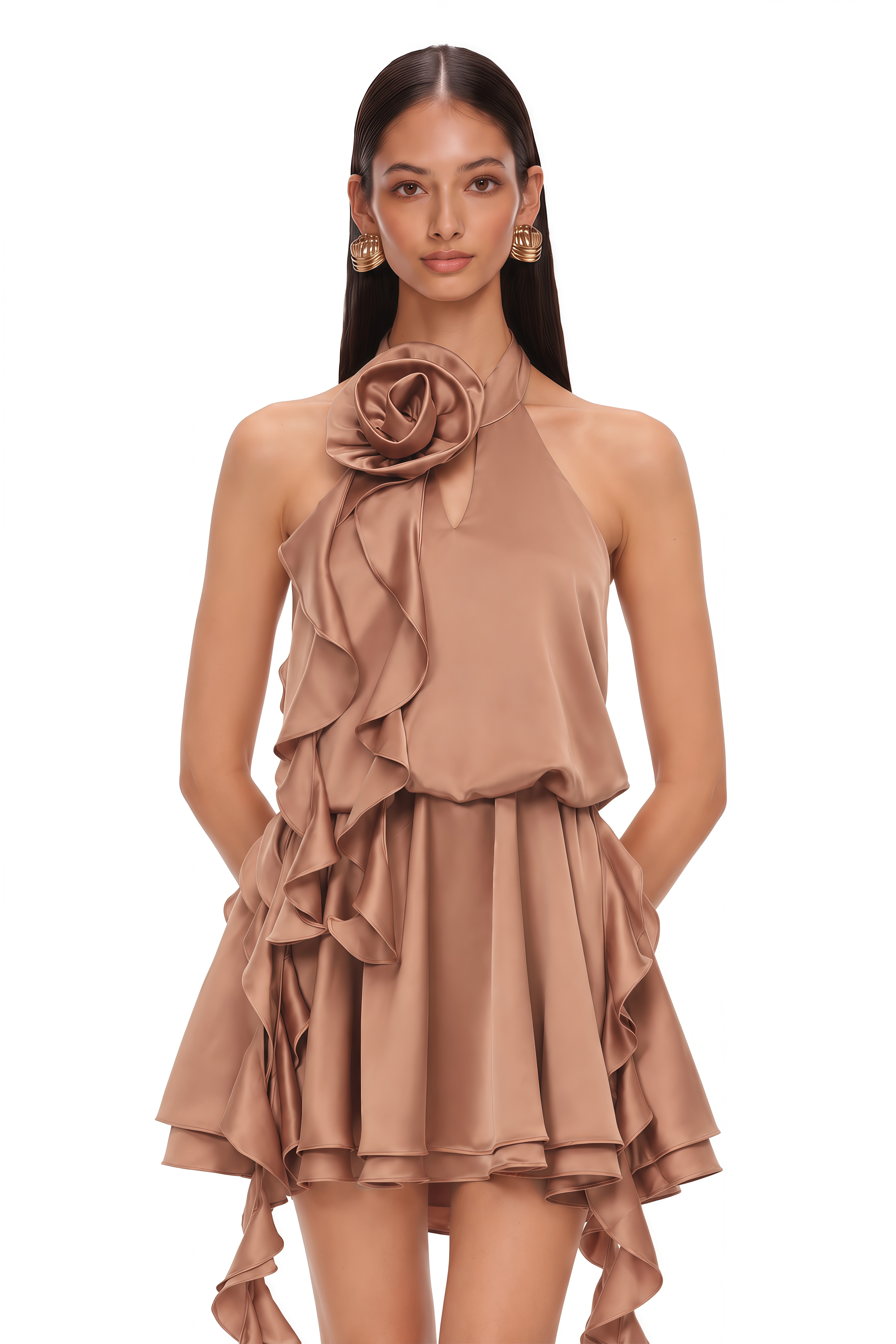 Solange Camel Halterneck Ruched Mini Dress with 3D Florals