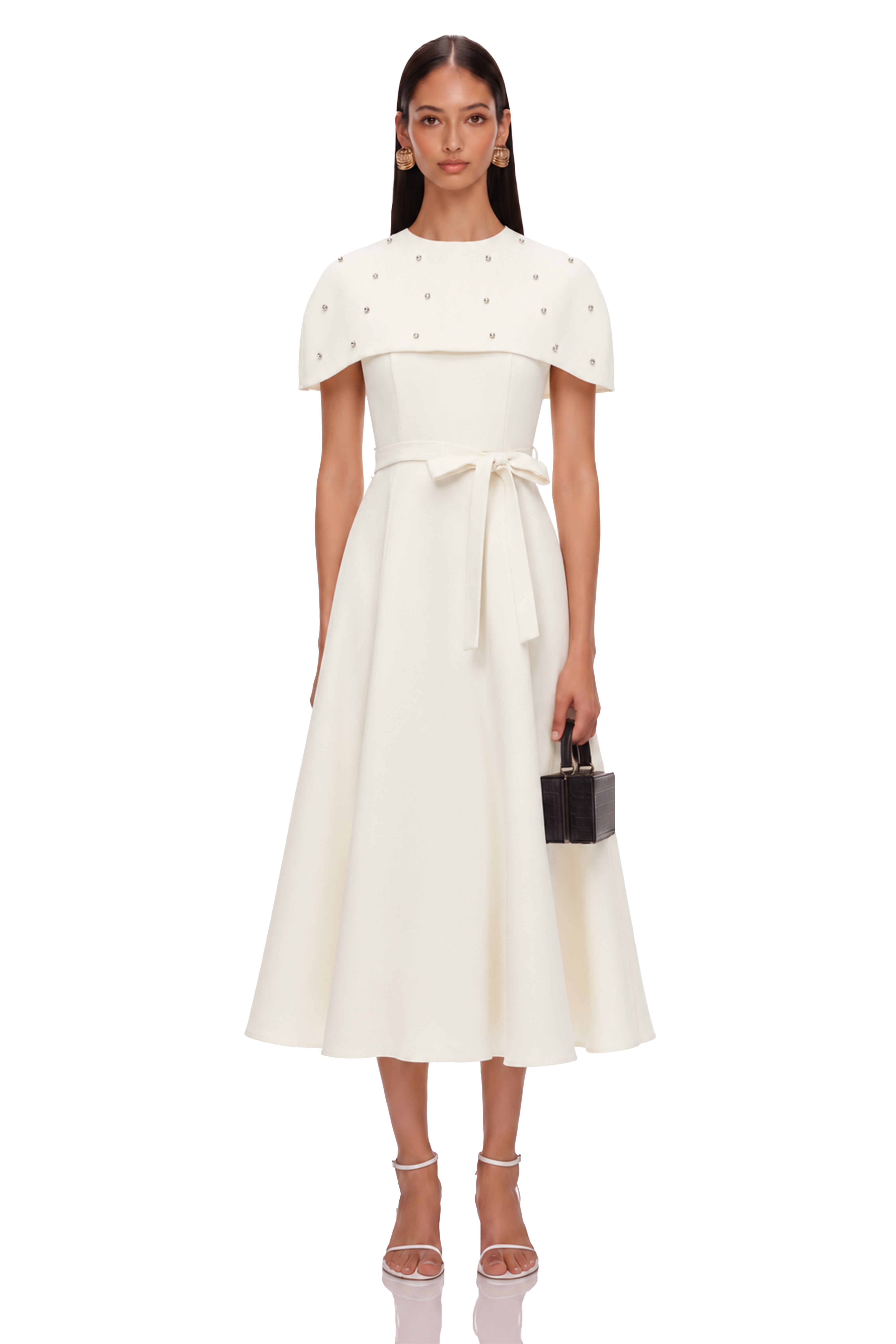 Sawda White Embellished Midi Dress with Cape