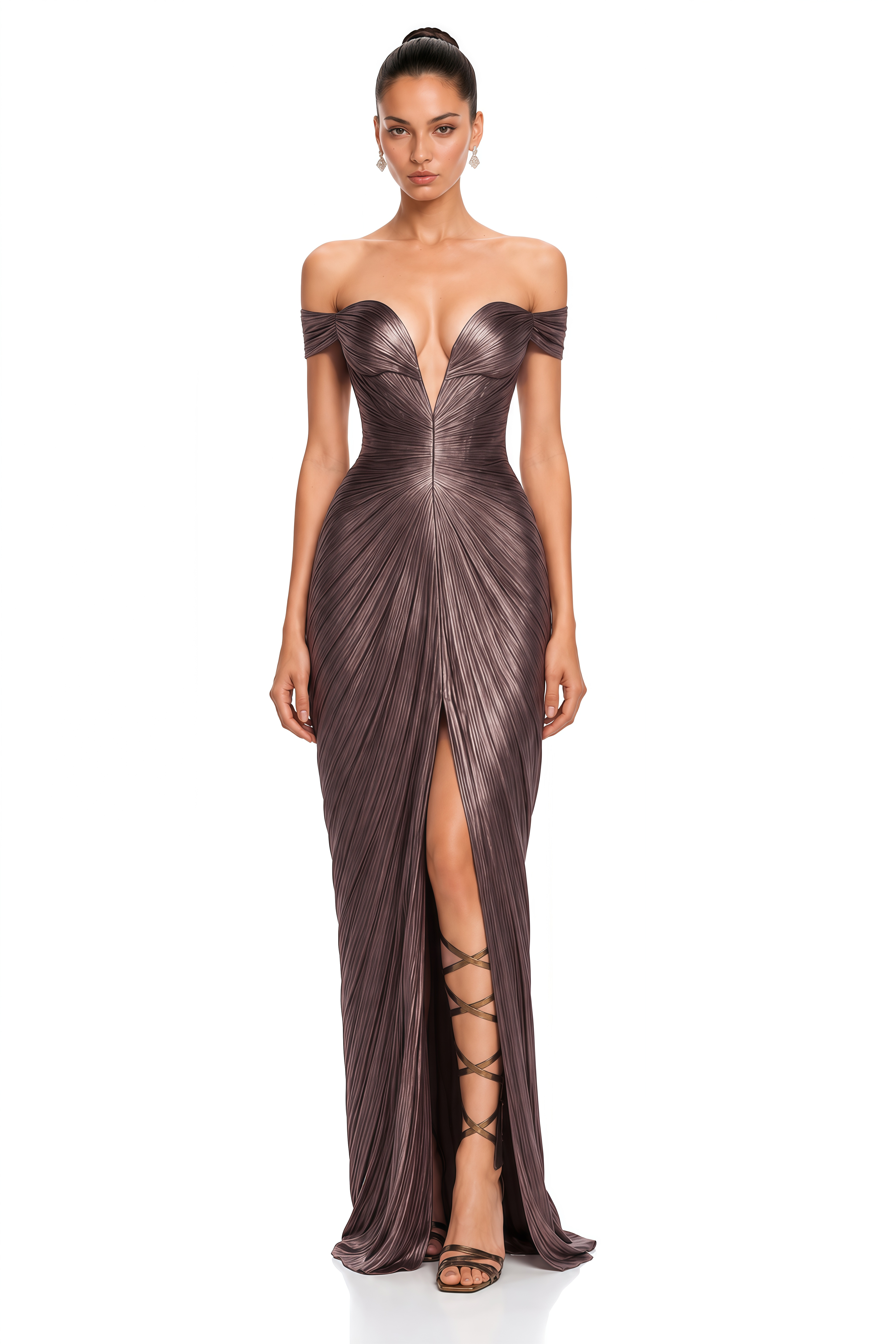 Pérola Bronze Gold Metallic Off Shoulder Maxi Dress