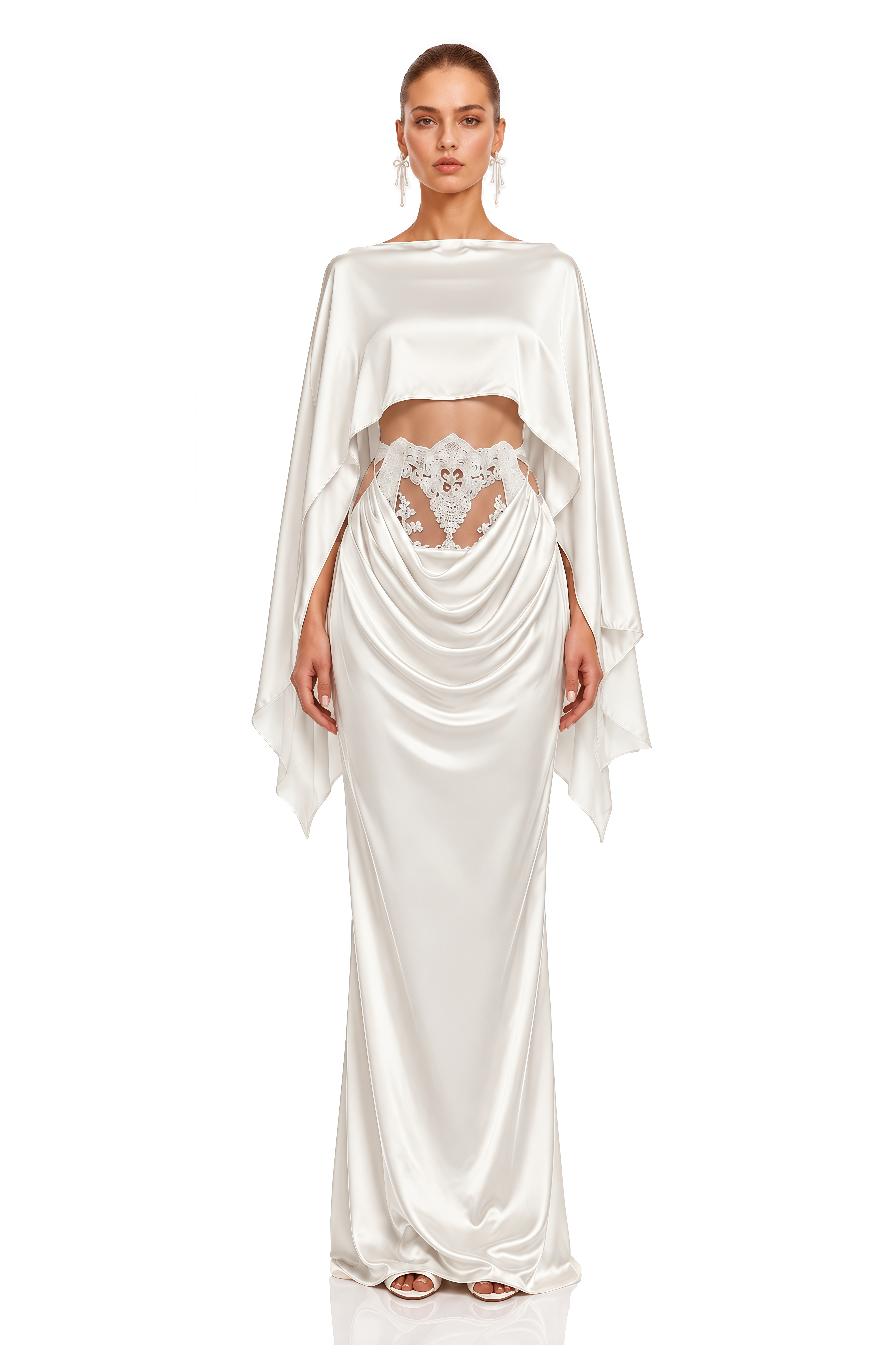 Amelia White Cape Top & Draped Skirt Set with Lace Panels
