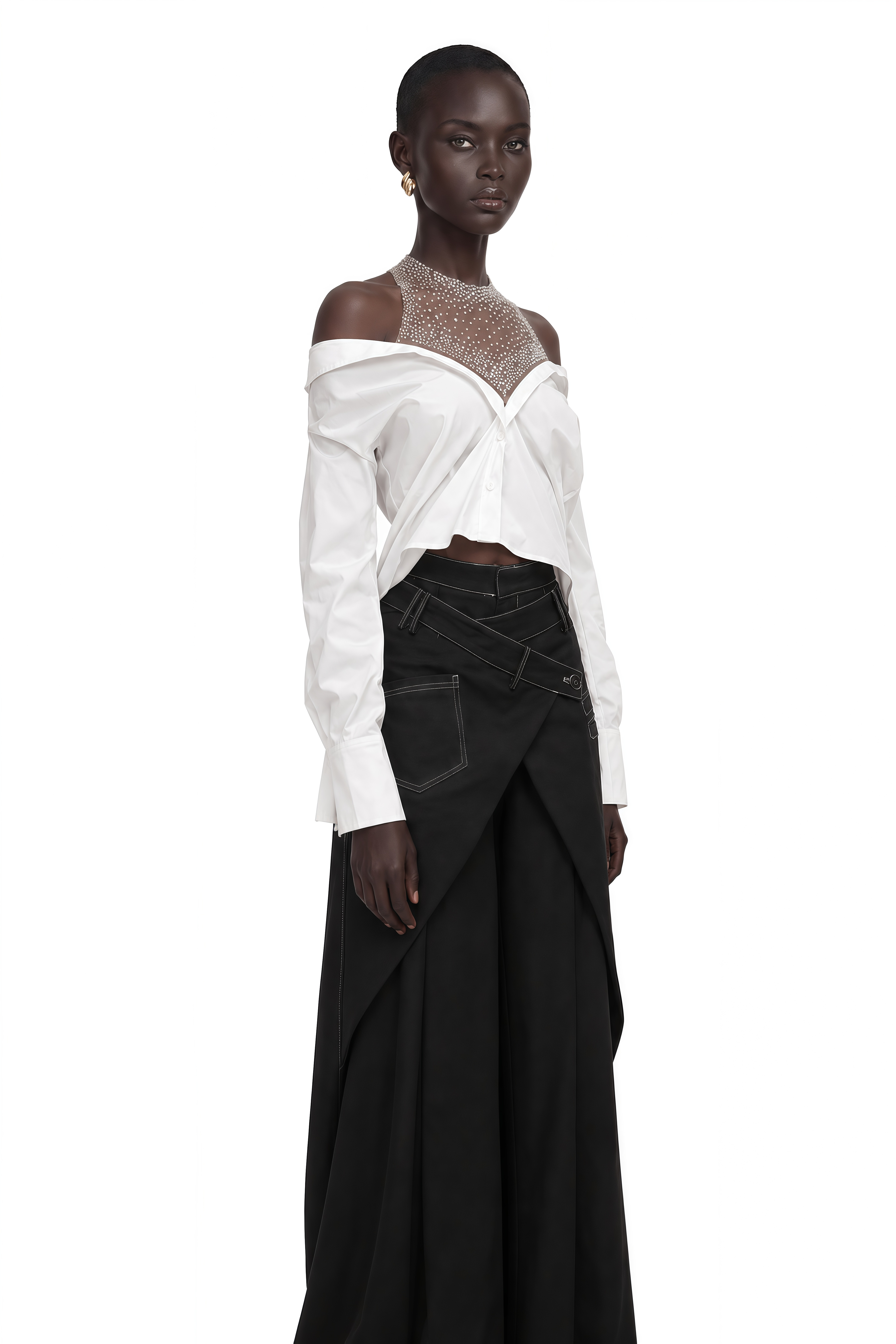 Fernande White Rhinestone Mesh Panel Shirt