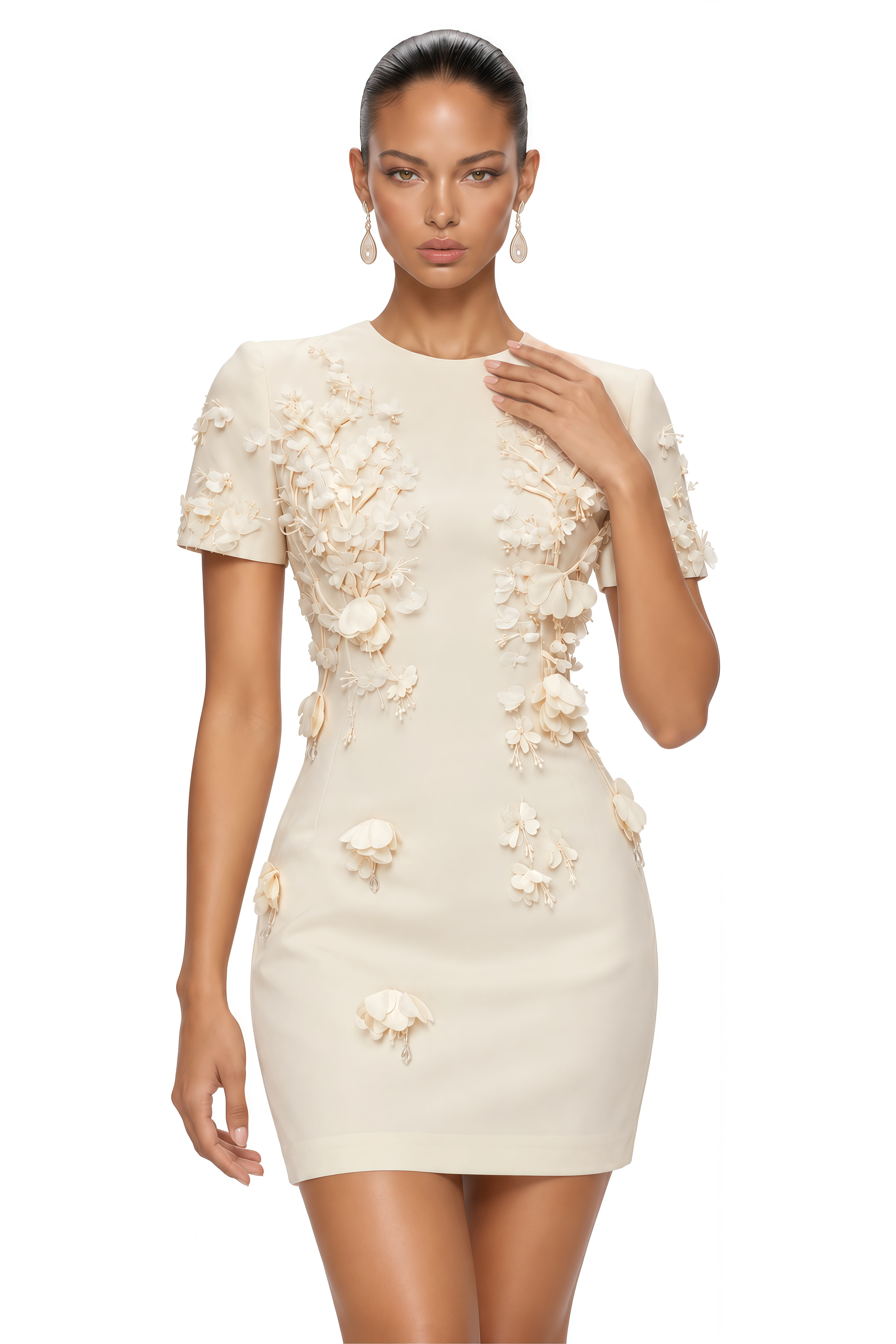 Skye Ivory Round Neck Mini Dress with Floral Applique