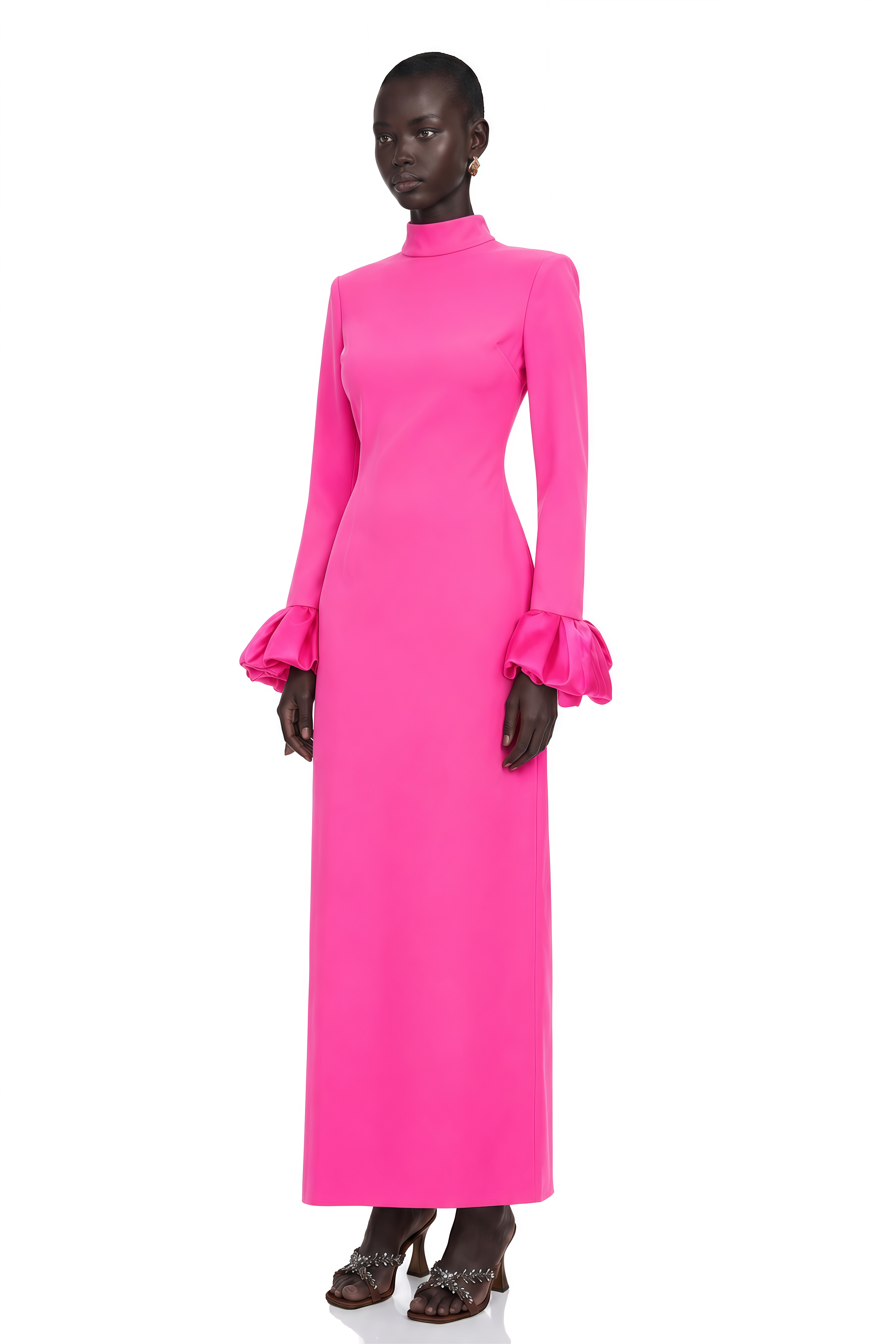 Eugenia Hot Pink Petal Cuff Maxi Dress