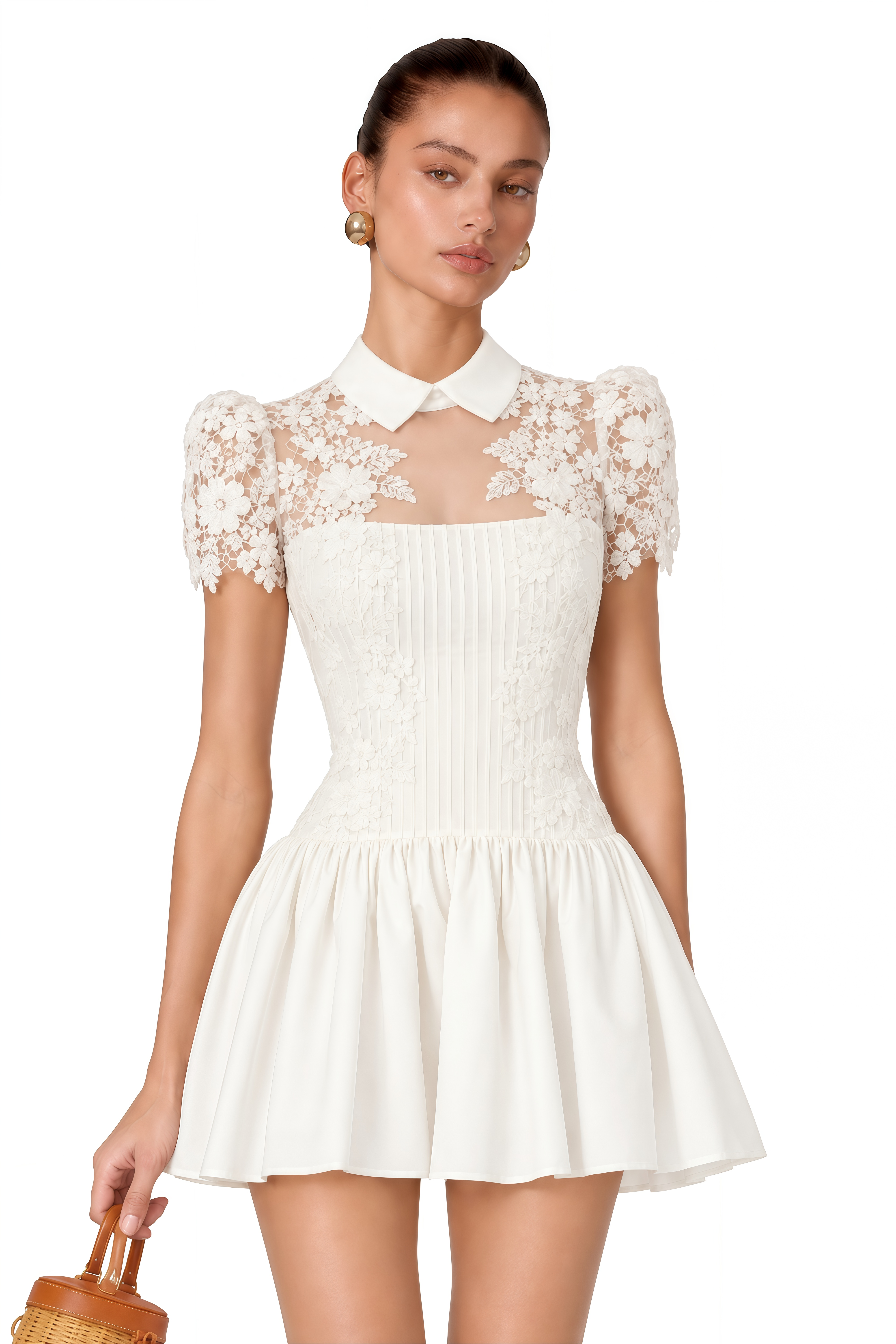 Melusine White Lace Mini Dress with Cape Sleeves