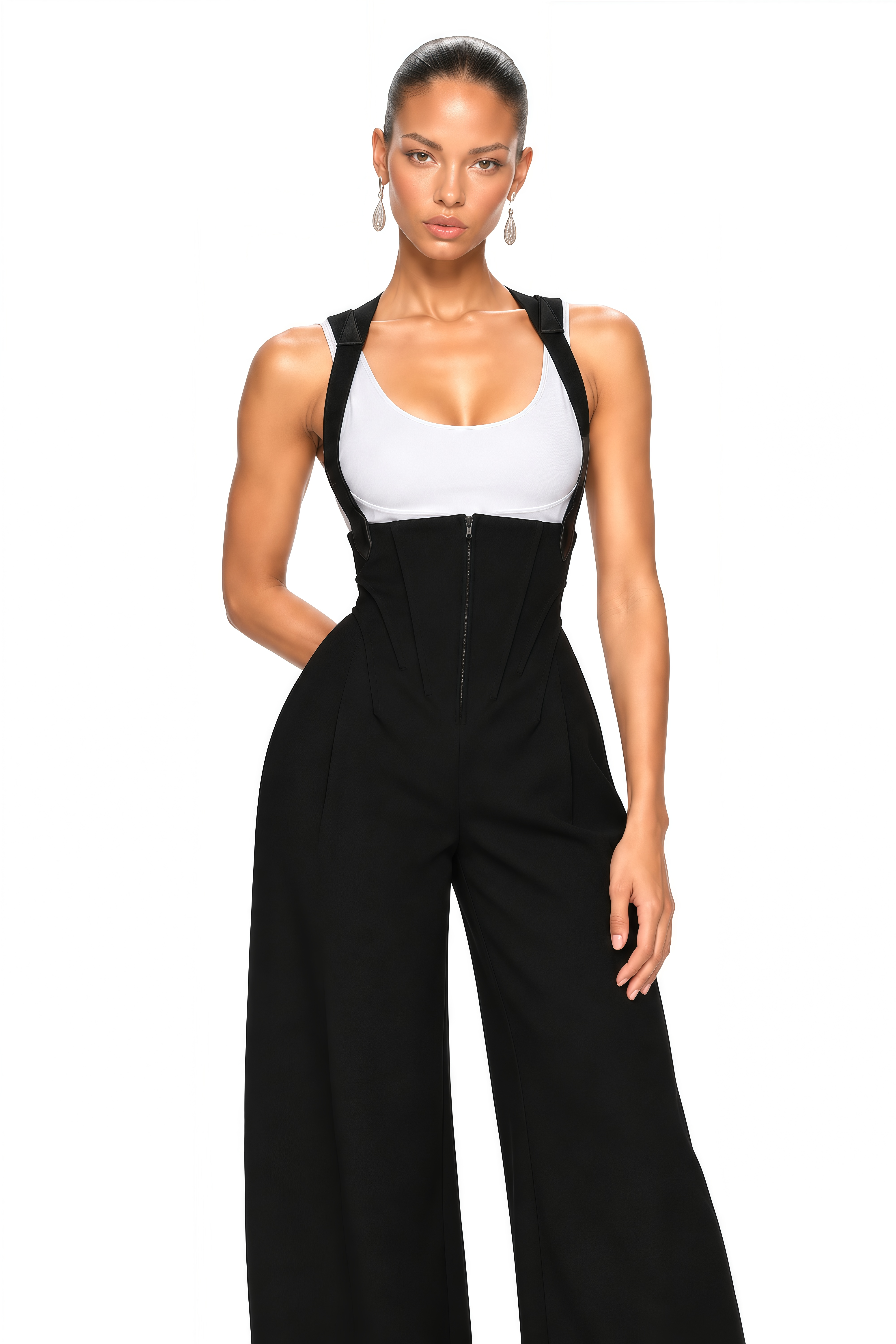 Ivona Black Boned Bodice Wide Leg Overalls