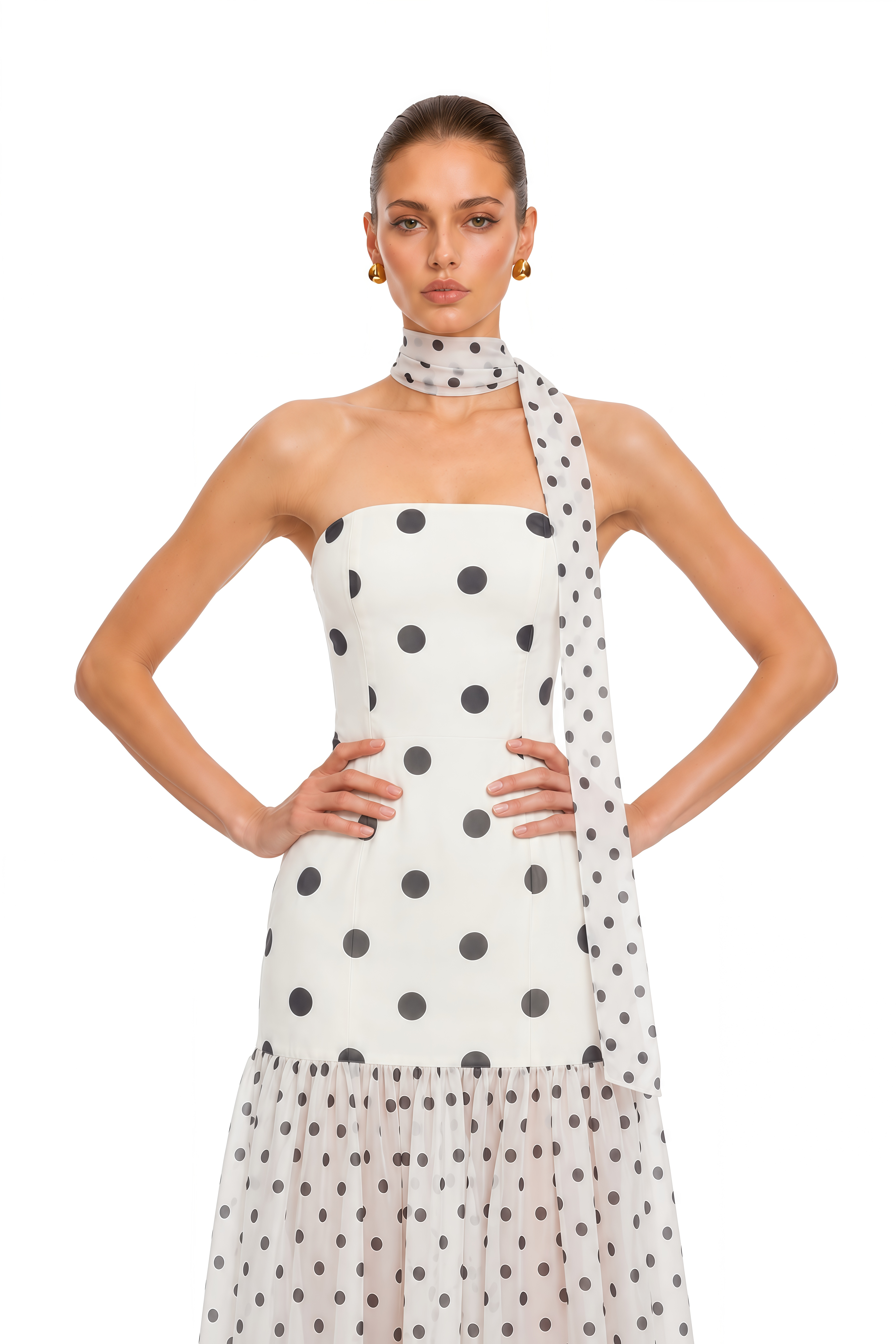 Mirela White Polka Dot Ruched Maxi Dress
