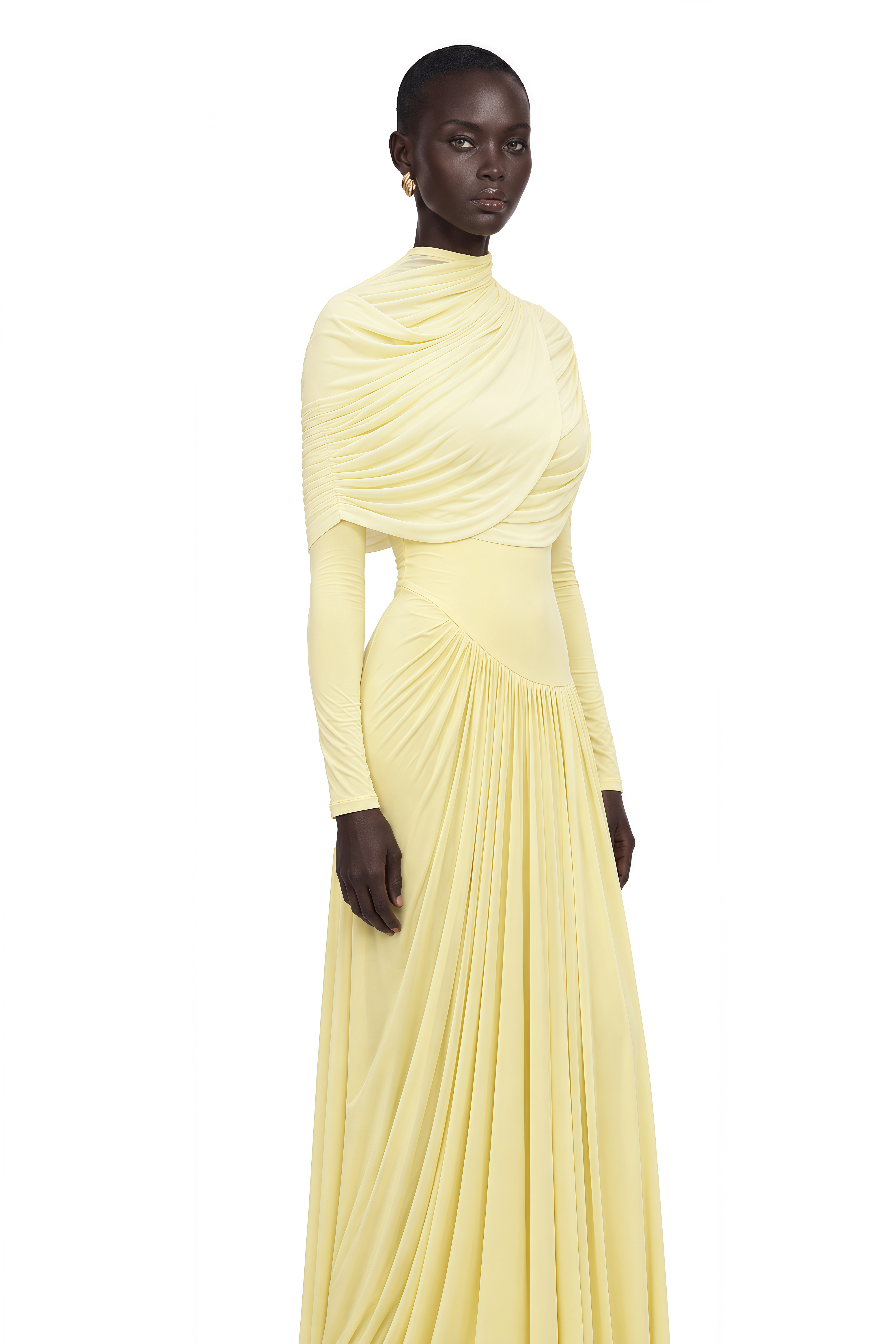 Catherine Yellow Asymmetrical Pleated Long-Sleeve Maxi Dress