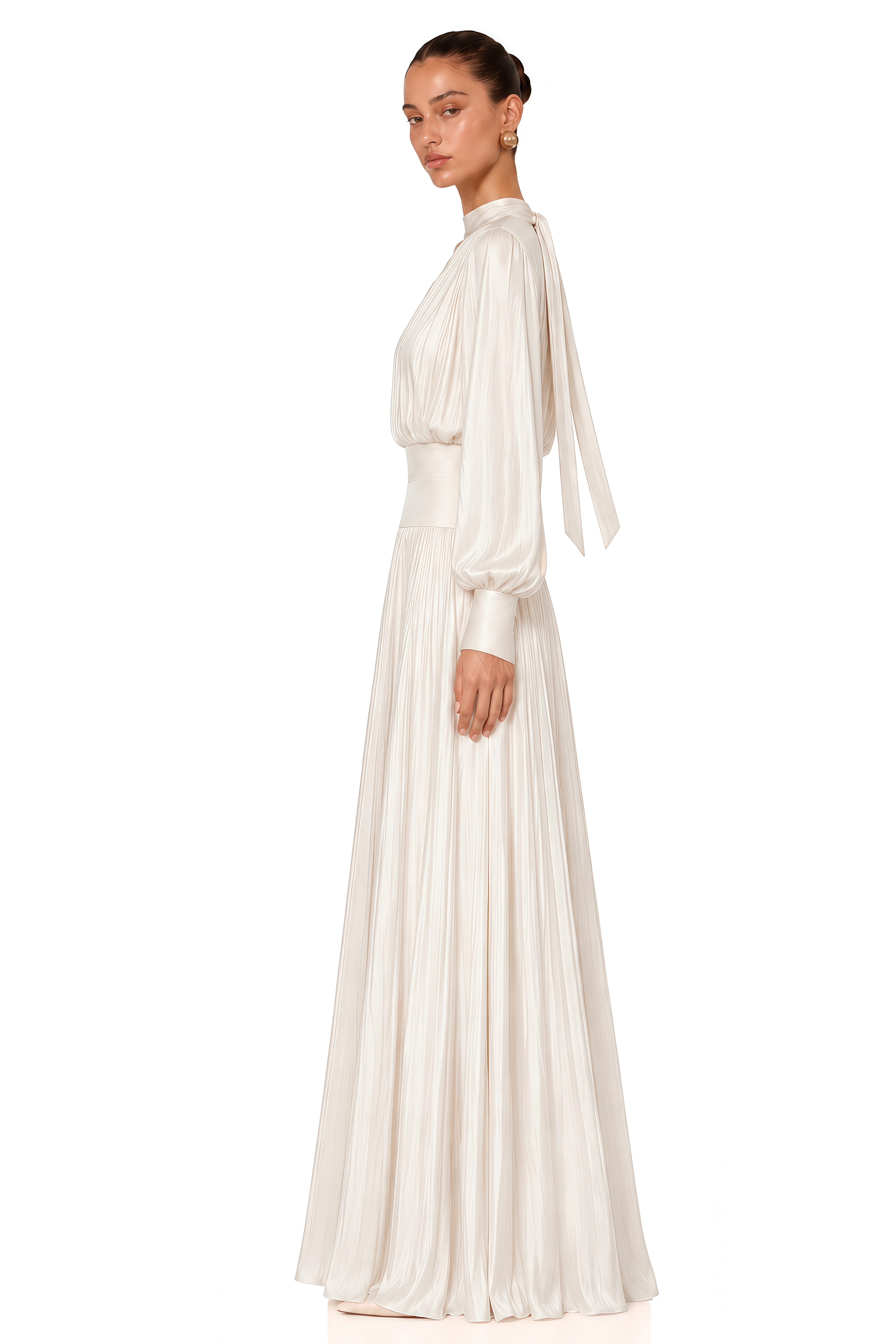 Valerie Neutral Self-Tie Pleated Maxi Dress