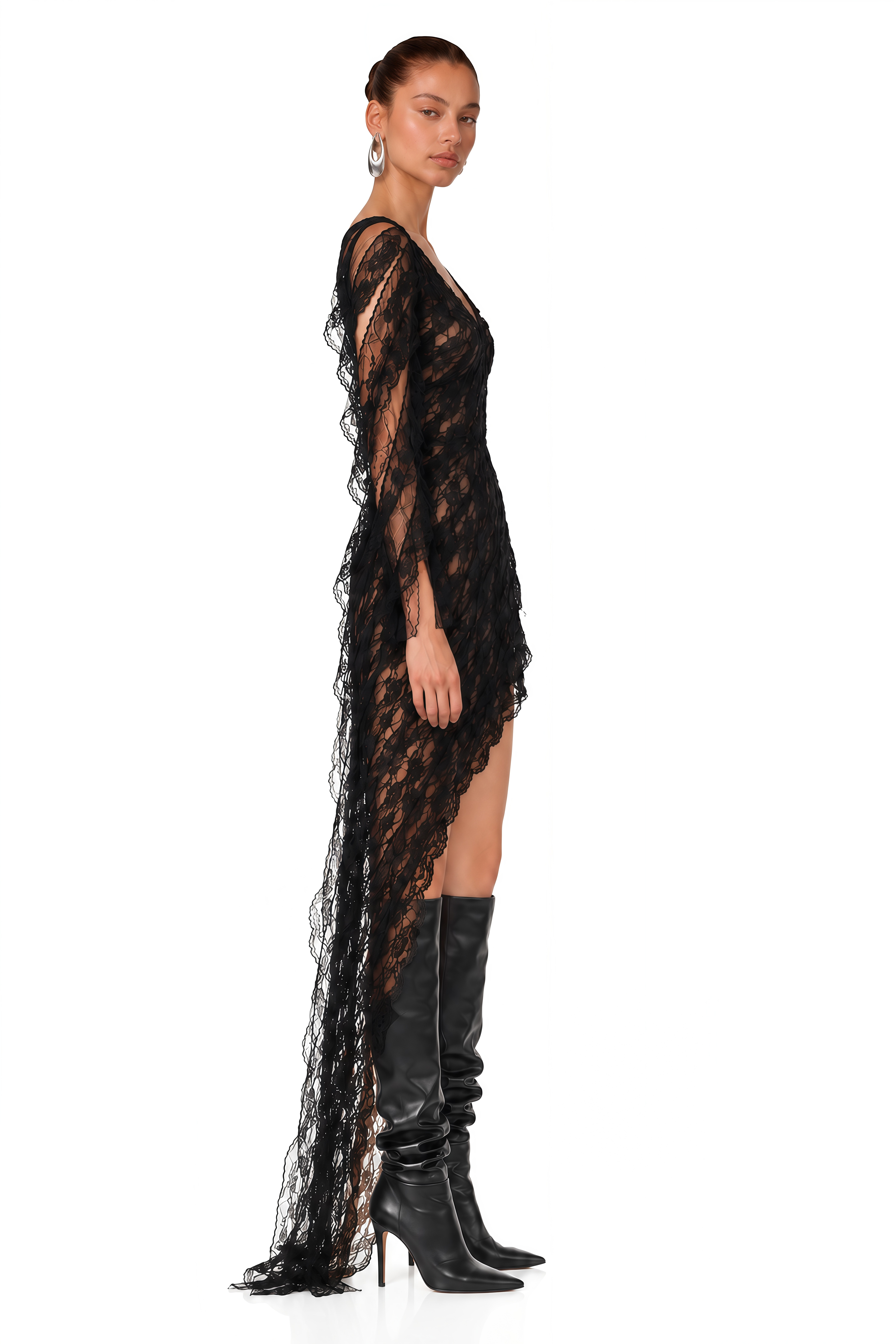 Gemma Black Floral Lace Asymmetrical Maxi Dress