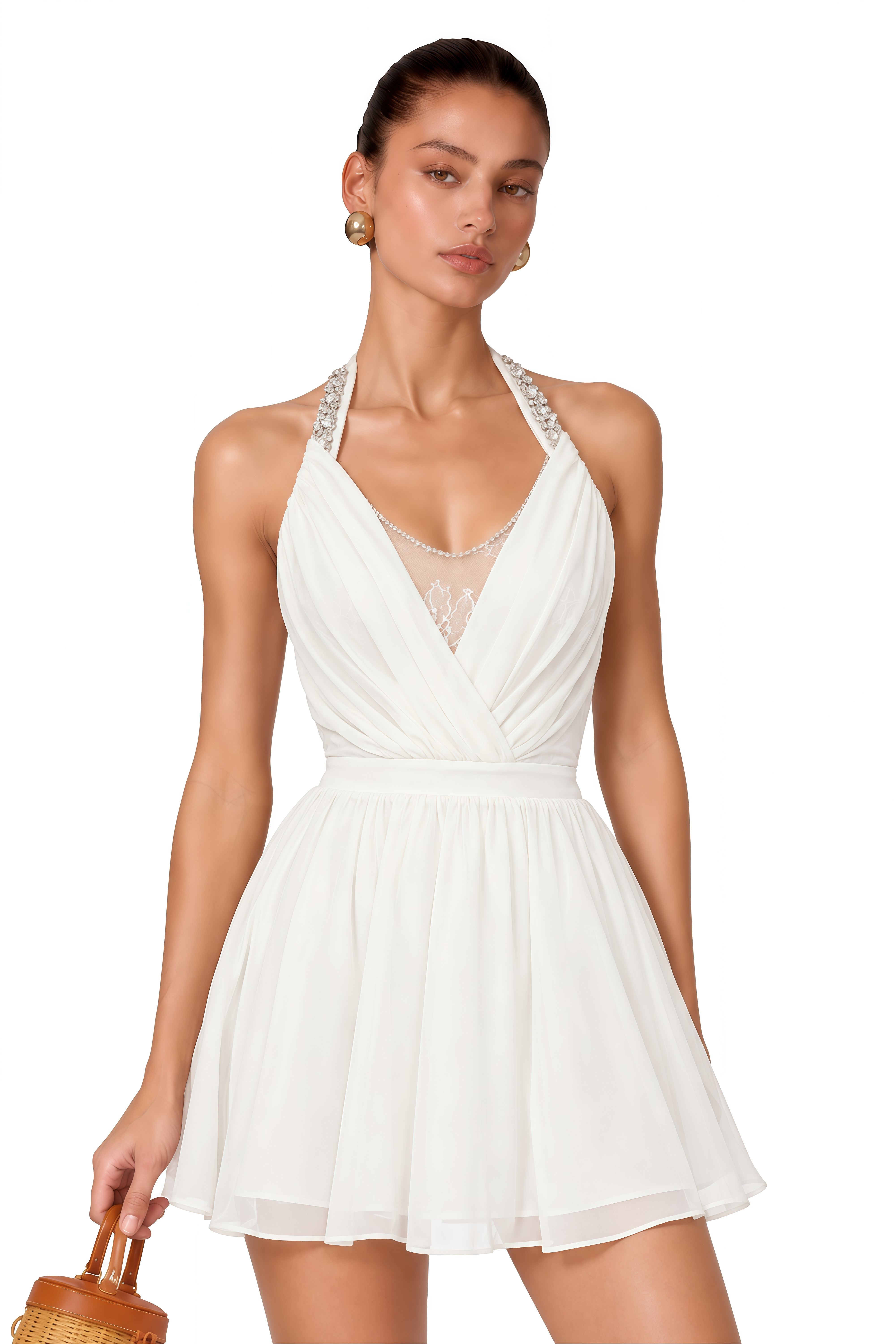 Sabrina Neutral Embellished Halterneck Draped Mini Dress
