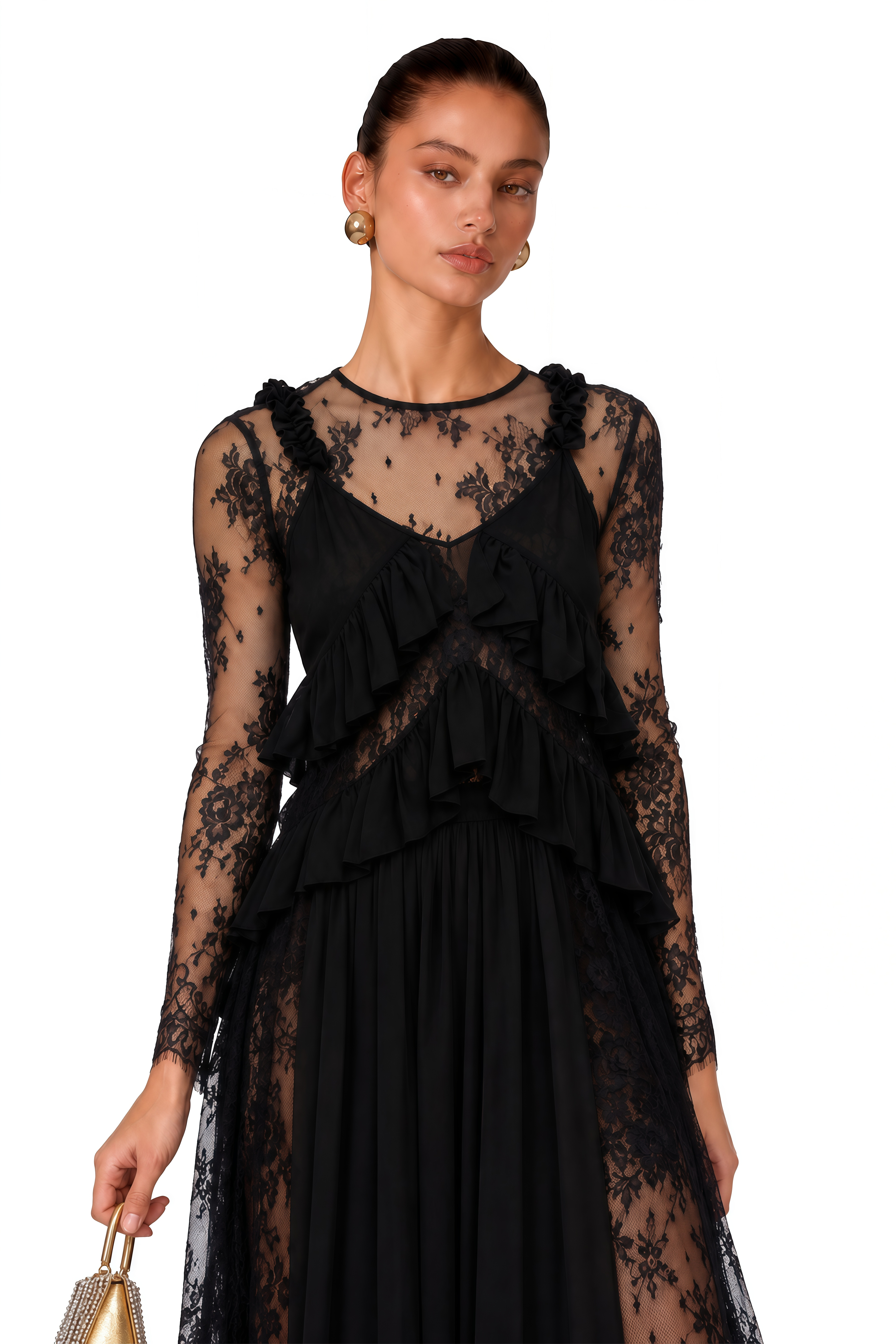 Vivian Black Sheer Lace Long Sleeves Ruffled Maxi Dress