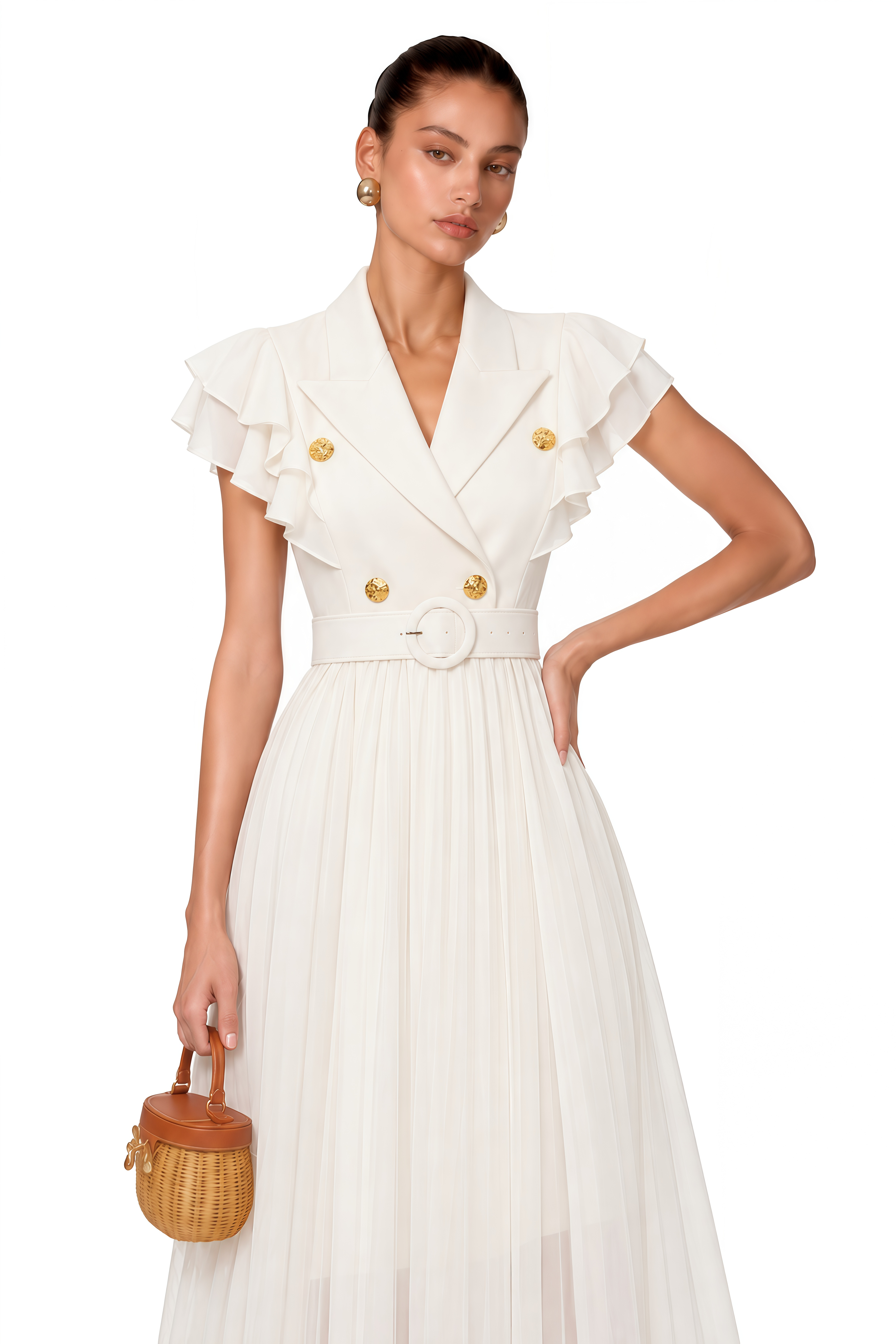 Prunelle Neutral Ruffled Pleated Maxi Dress