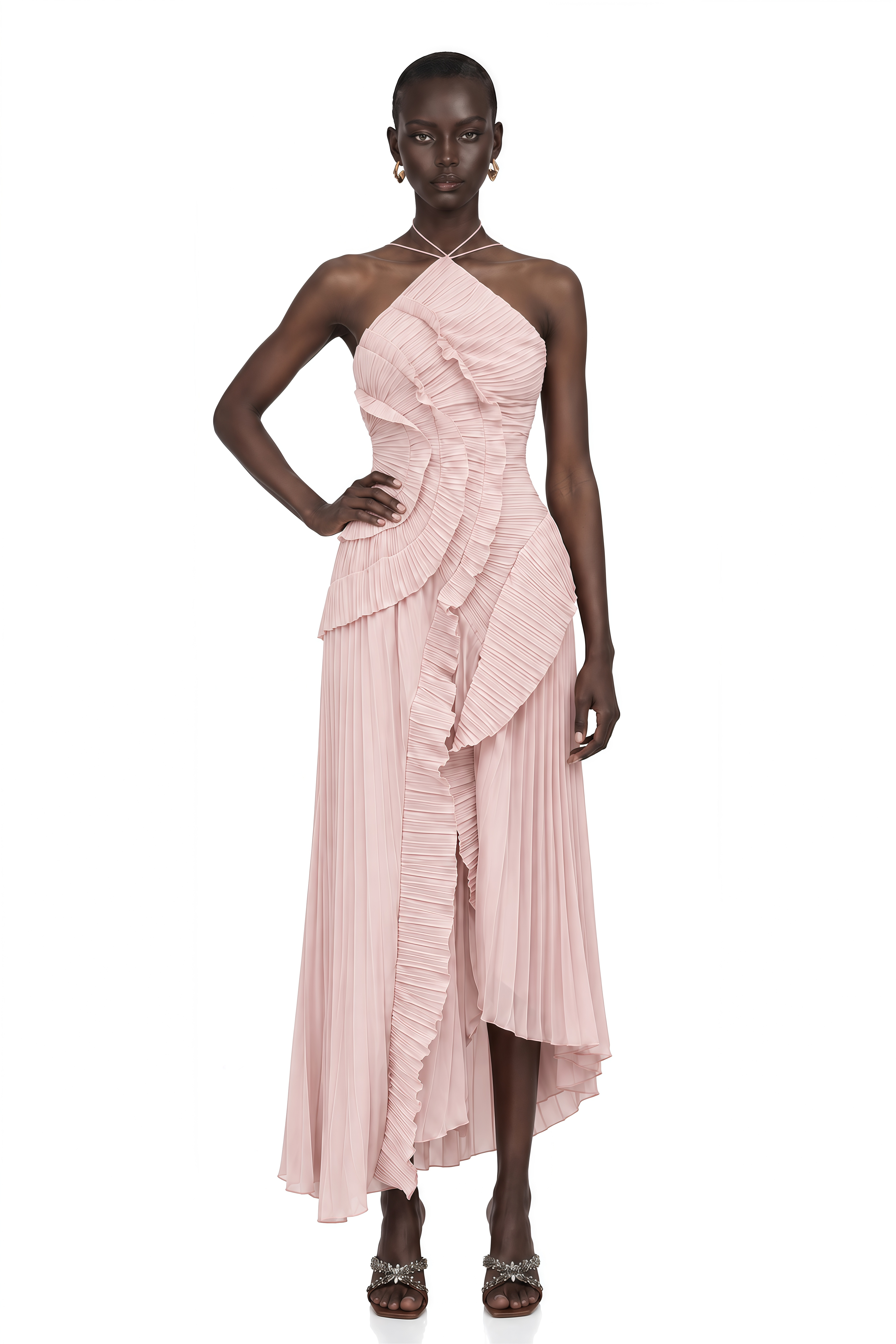 Doux Pink Ruffled Trim Pleated Midi Dress