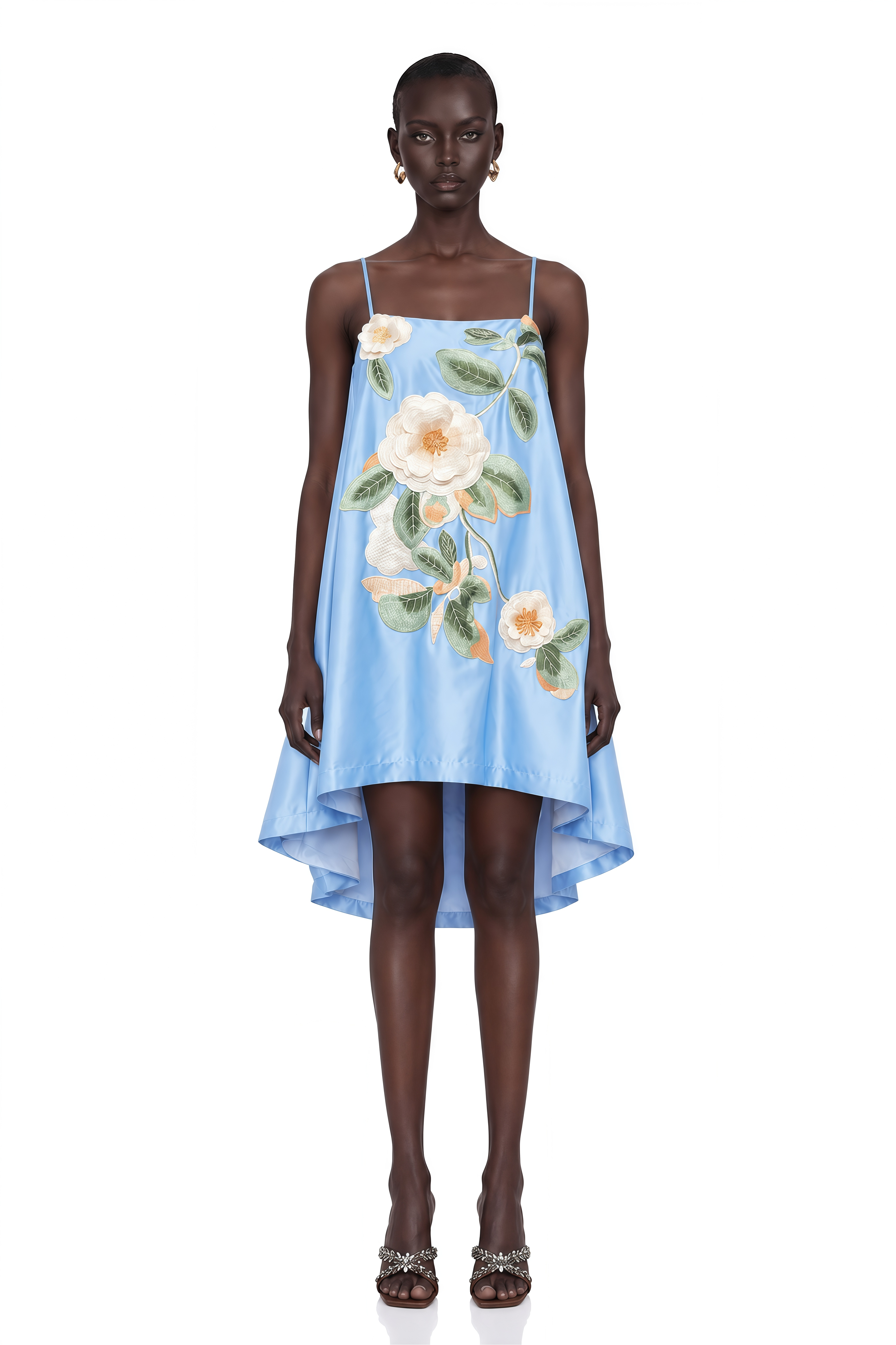 Avril Blue Floral Embroidered Satin Mini Dress