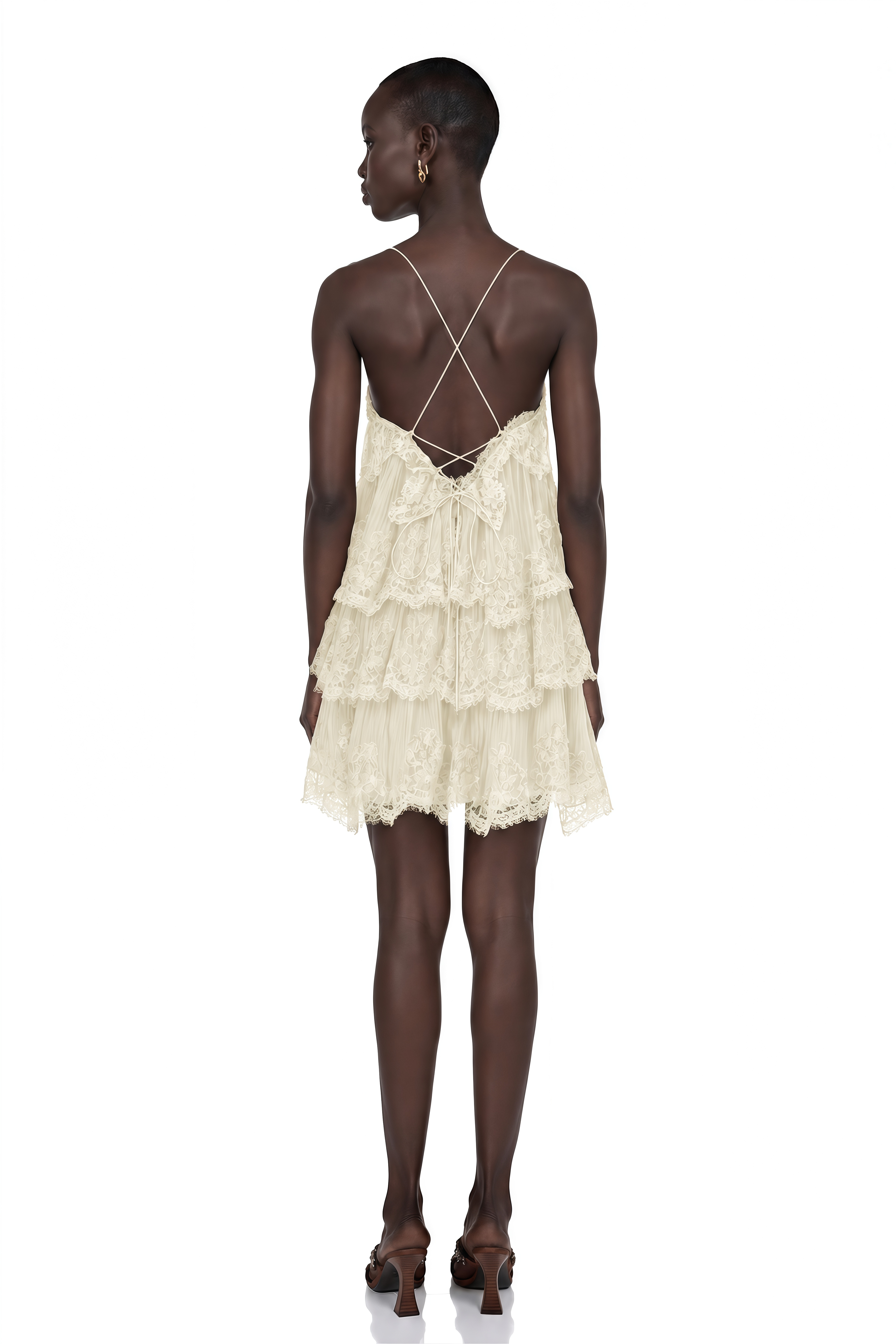 Rachel Beige Tiered Mini Dress with Lace Trim