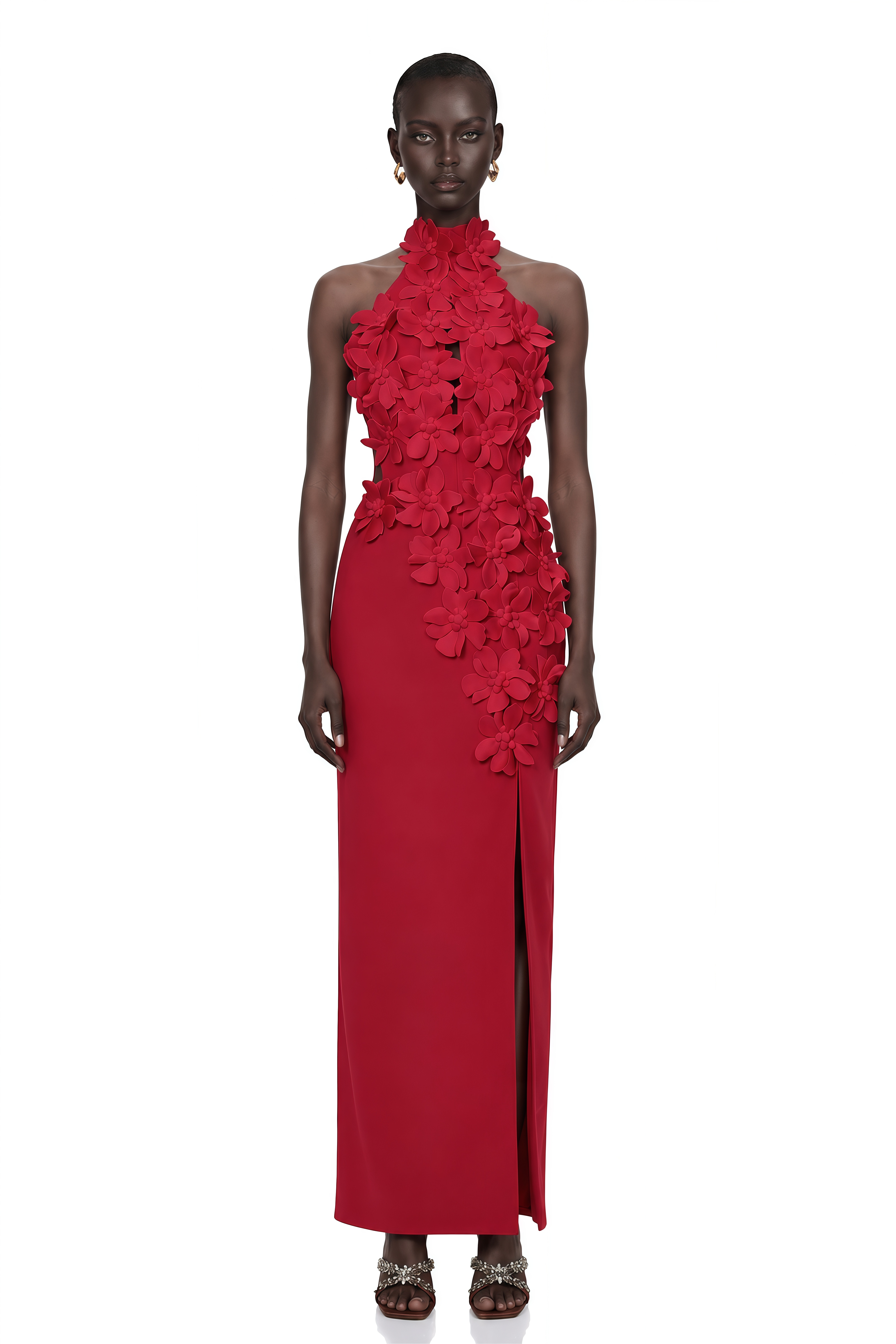Brian Red Halterneck 3D Petal Maxi Dress