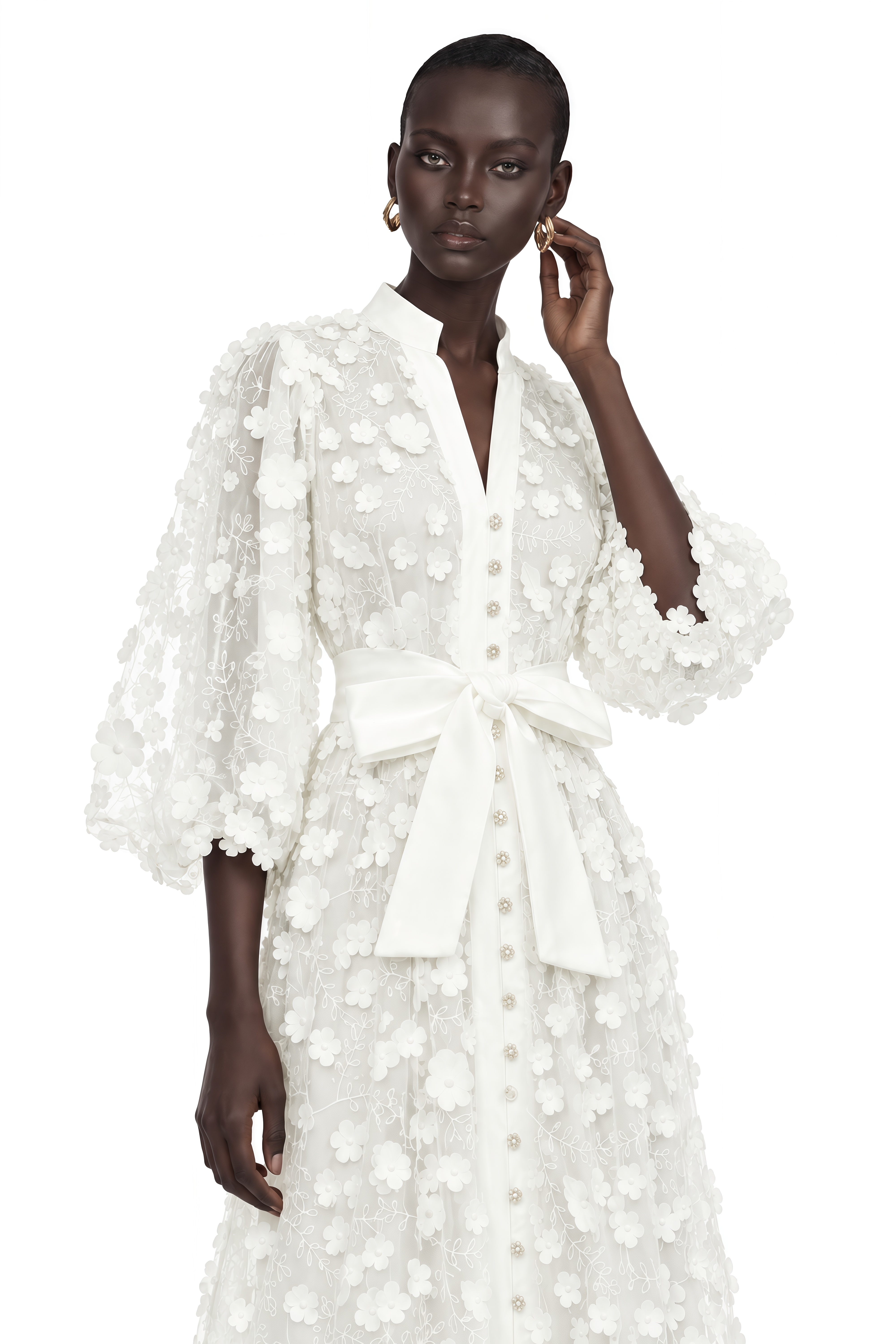 Olympia White Puff Sleeve Midi Dress with 3D Florals