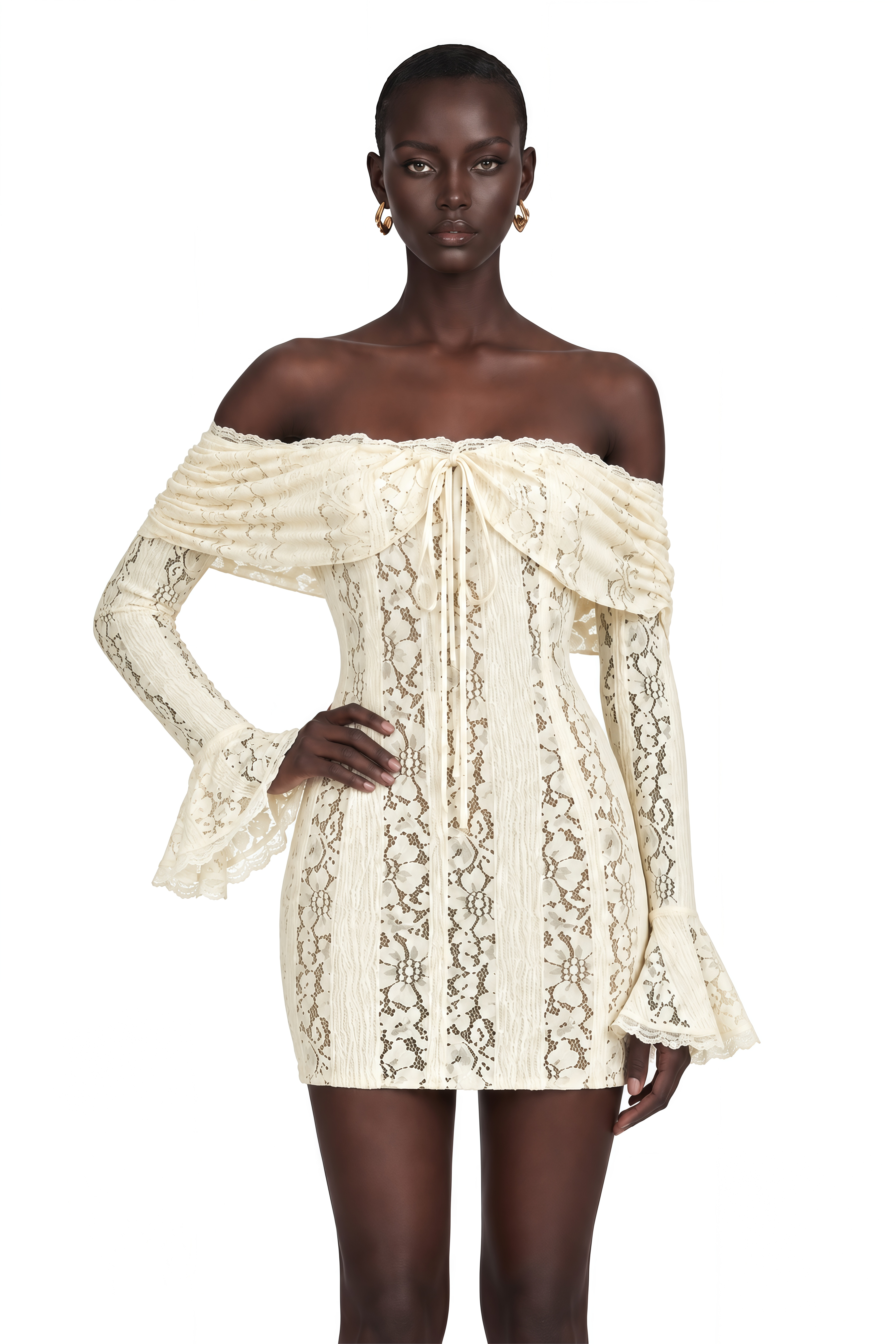 Émeline Floral Lace Flared-Cuff Mini Dress in Neutrals