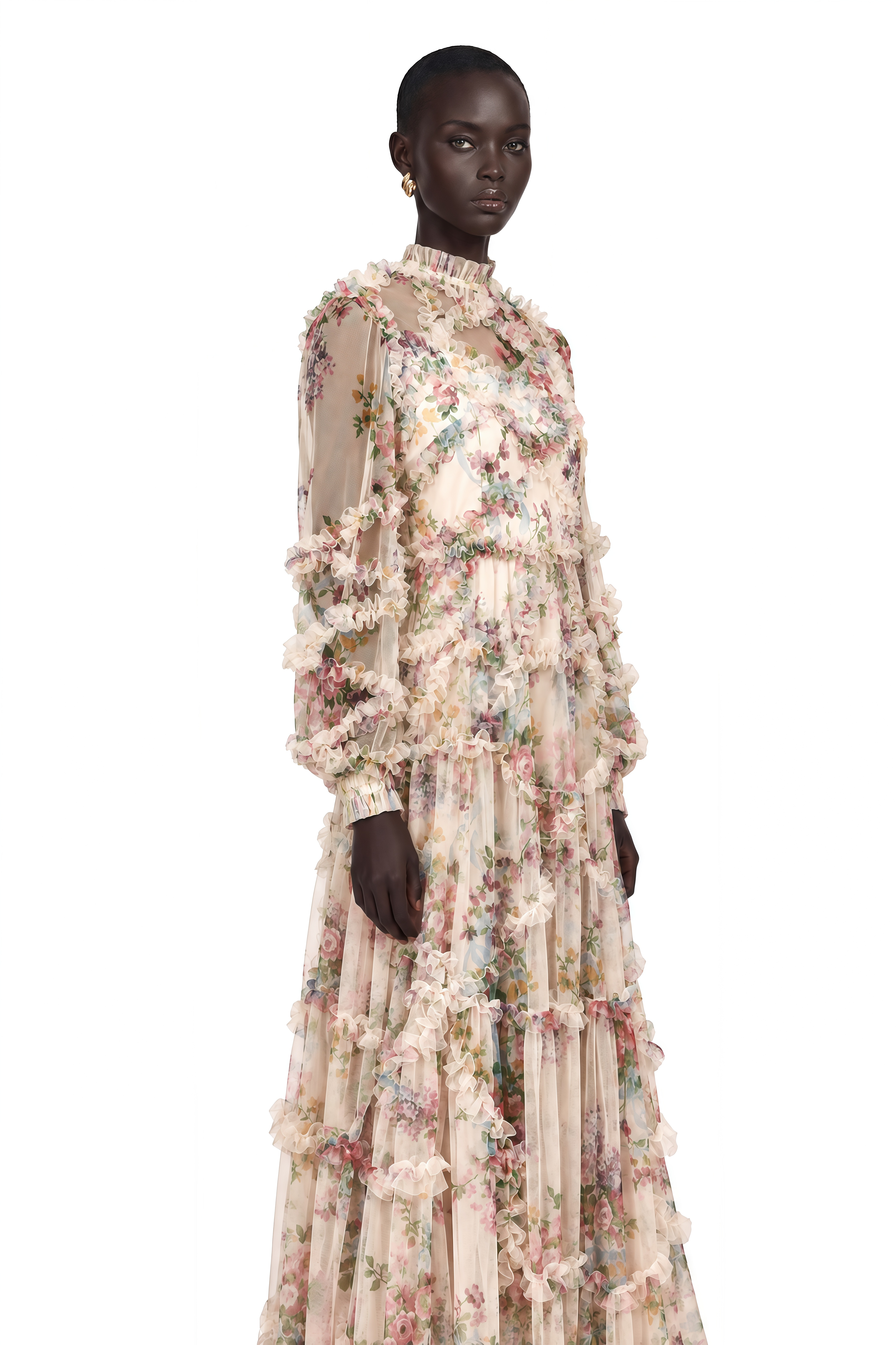 Candice Floral Ruffled Tulle Midi Dress