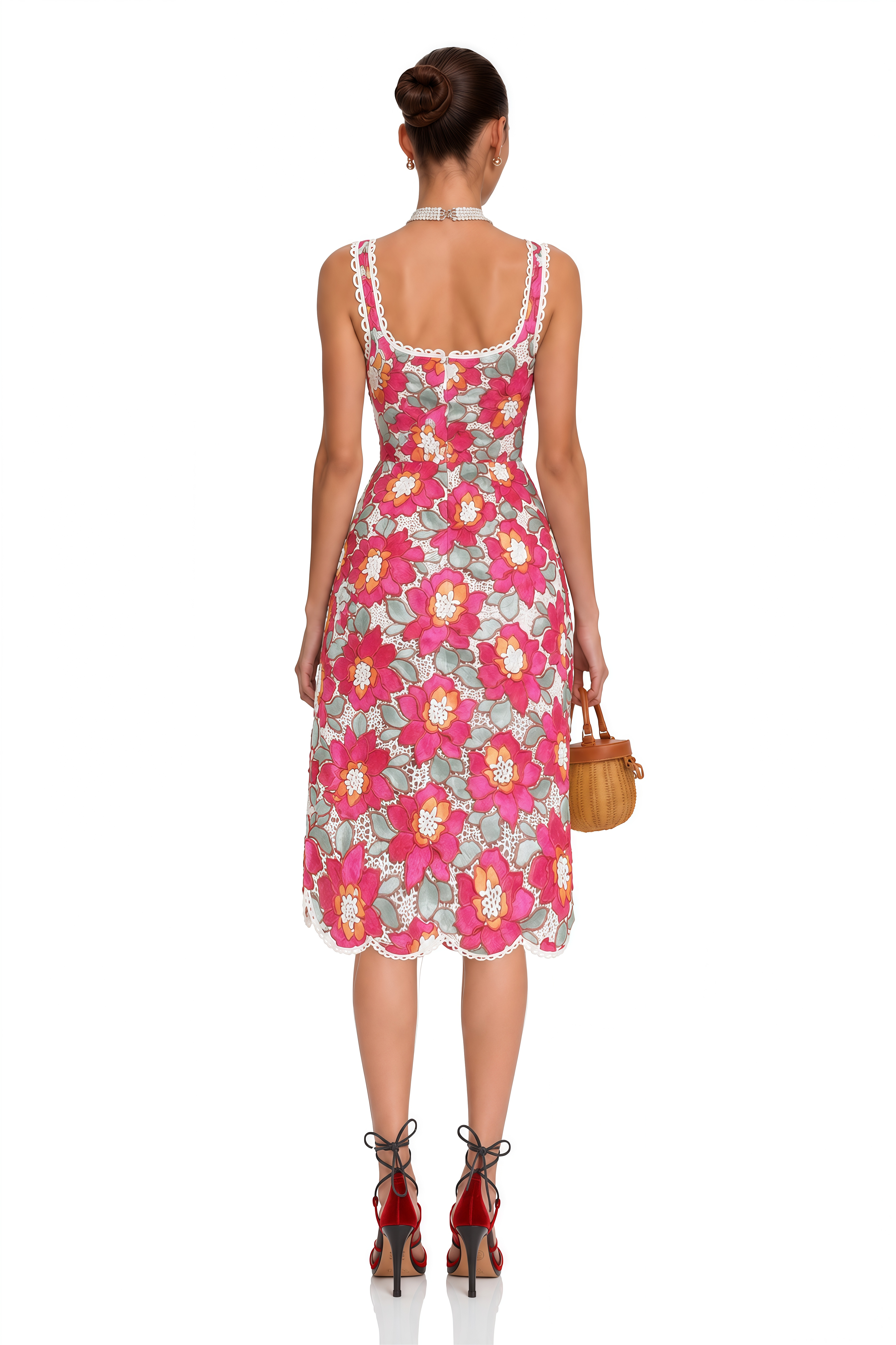Nalini Rose-Pink Braided Floral-Embroidered Midi Dress