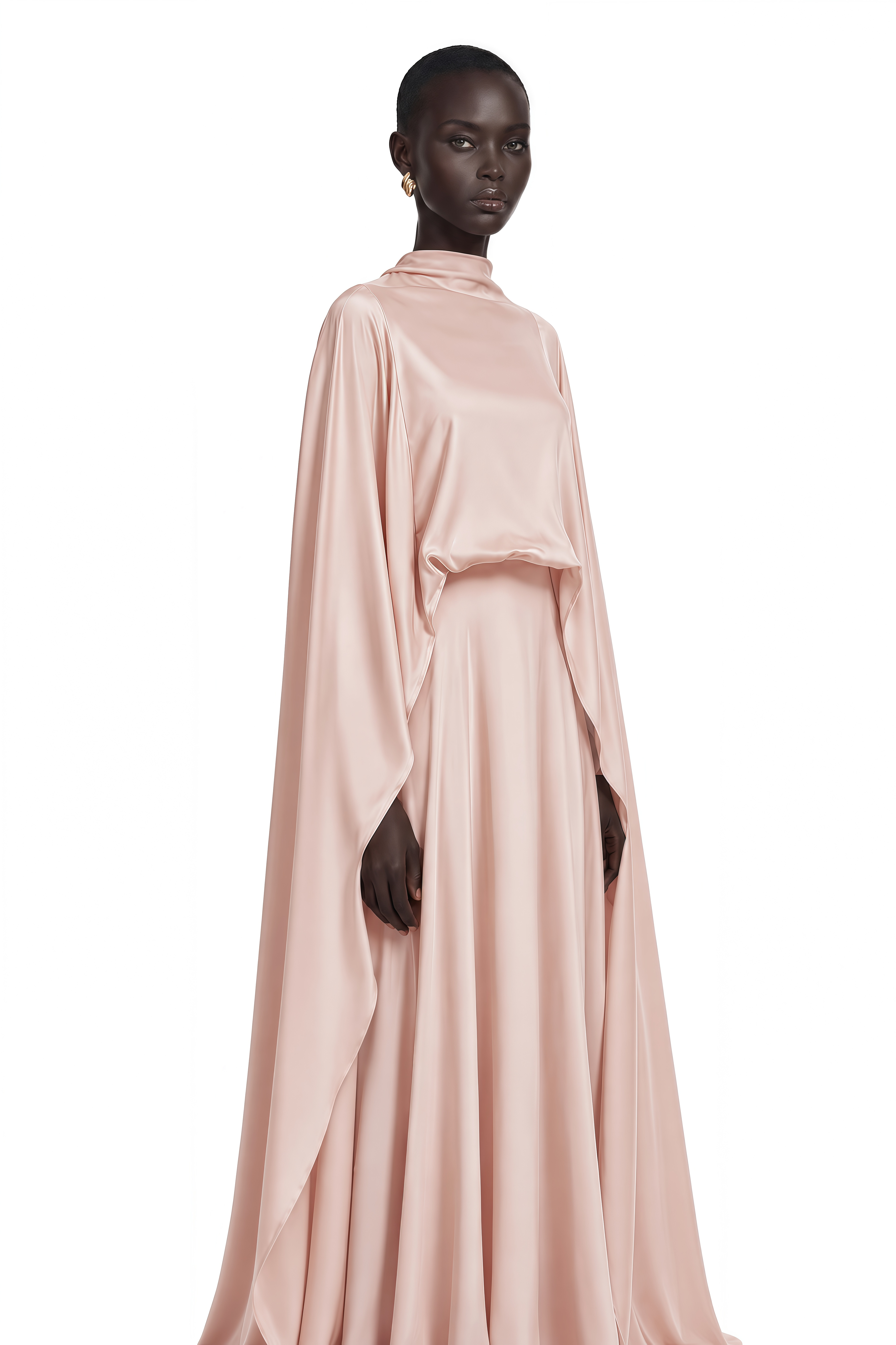 Everleigh Champagne Satin Top & Skirt Set With Cape Detail
