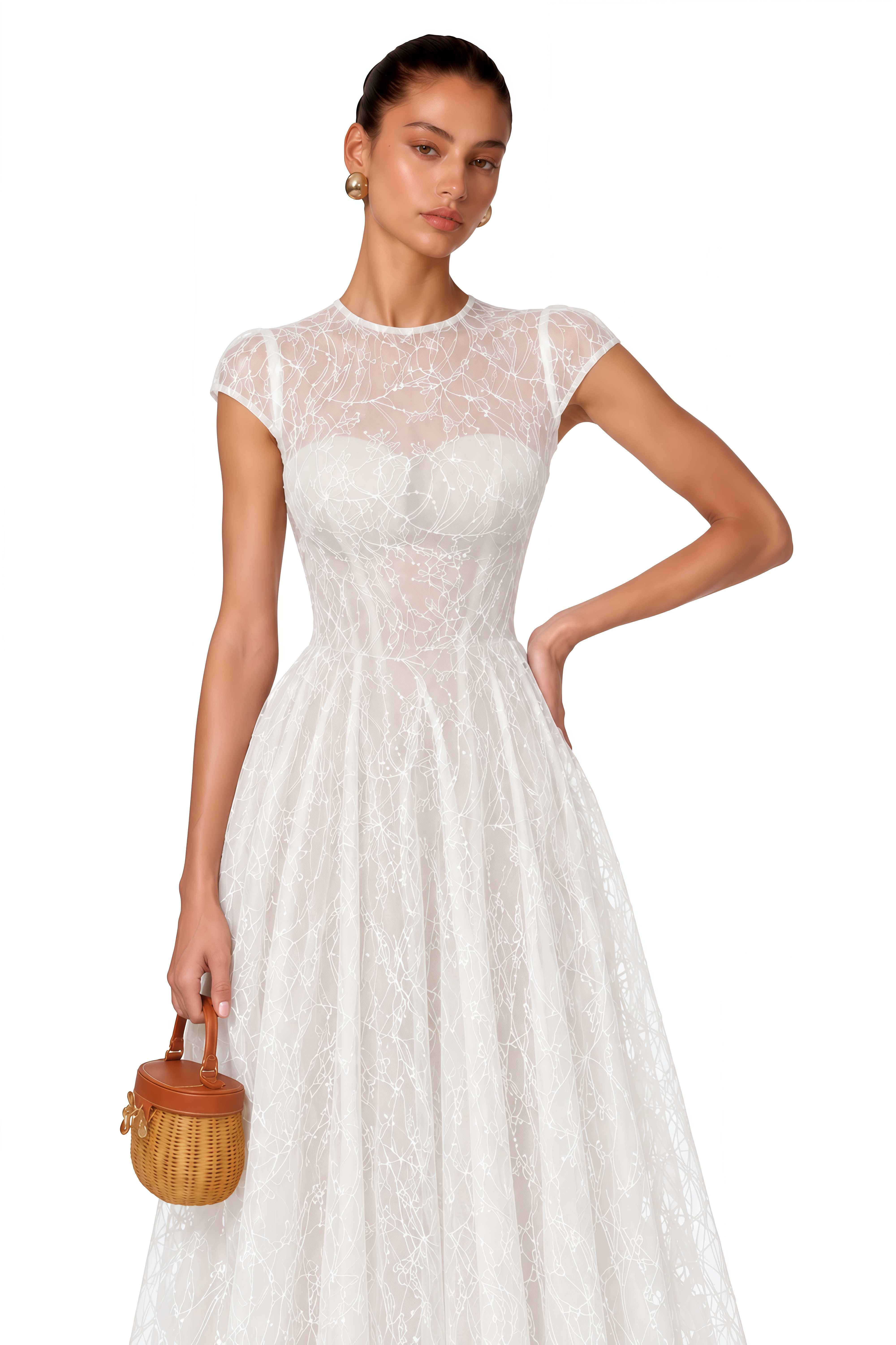 Velia White Lace Glitter Tulle Maxi Gown