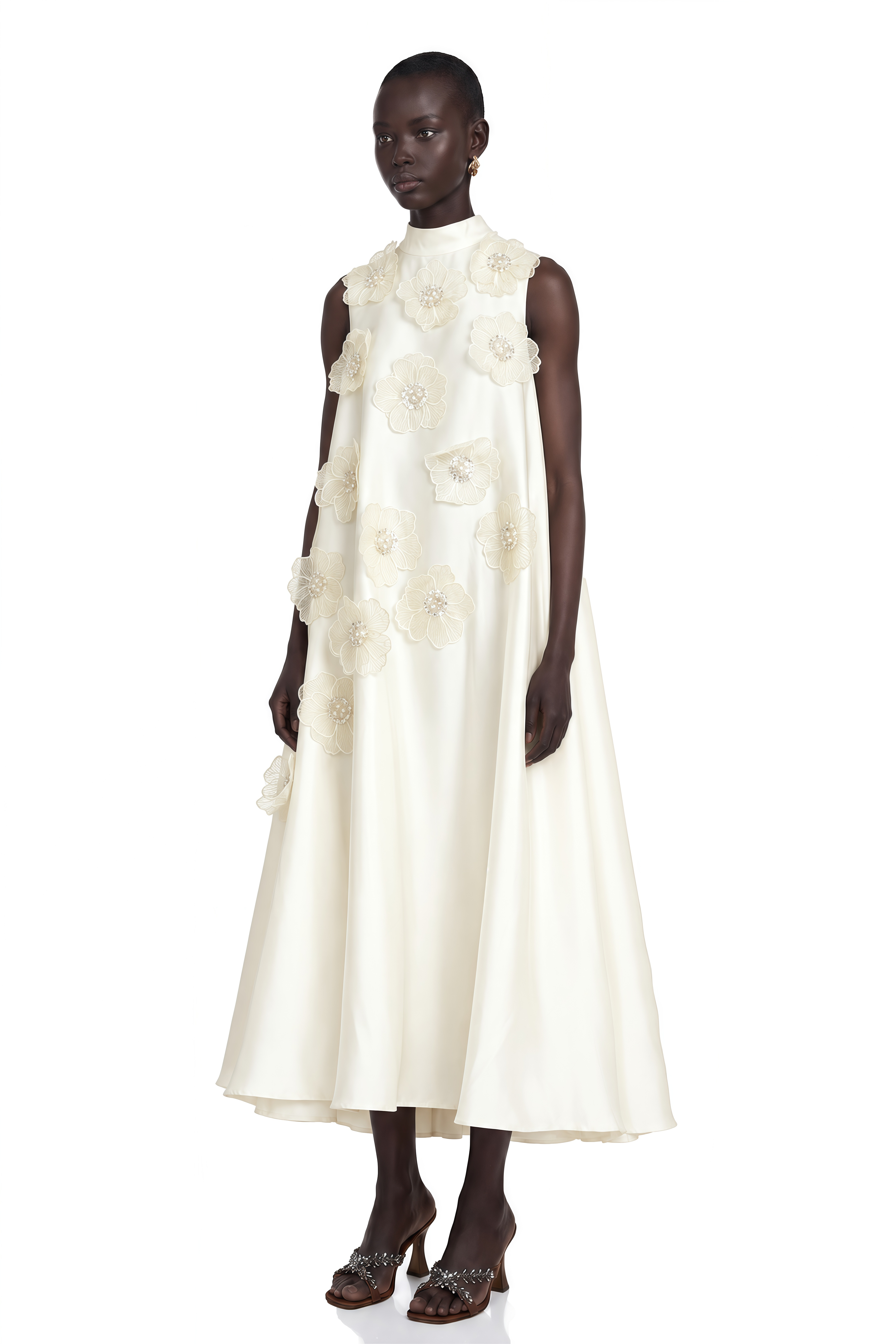 Émilie Sleeveless Floral-Applique Midi Dress in White