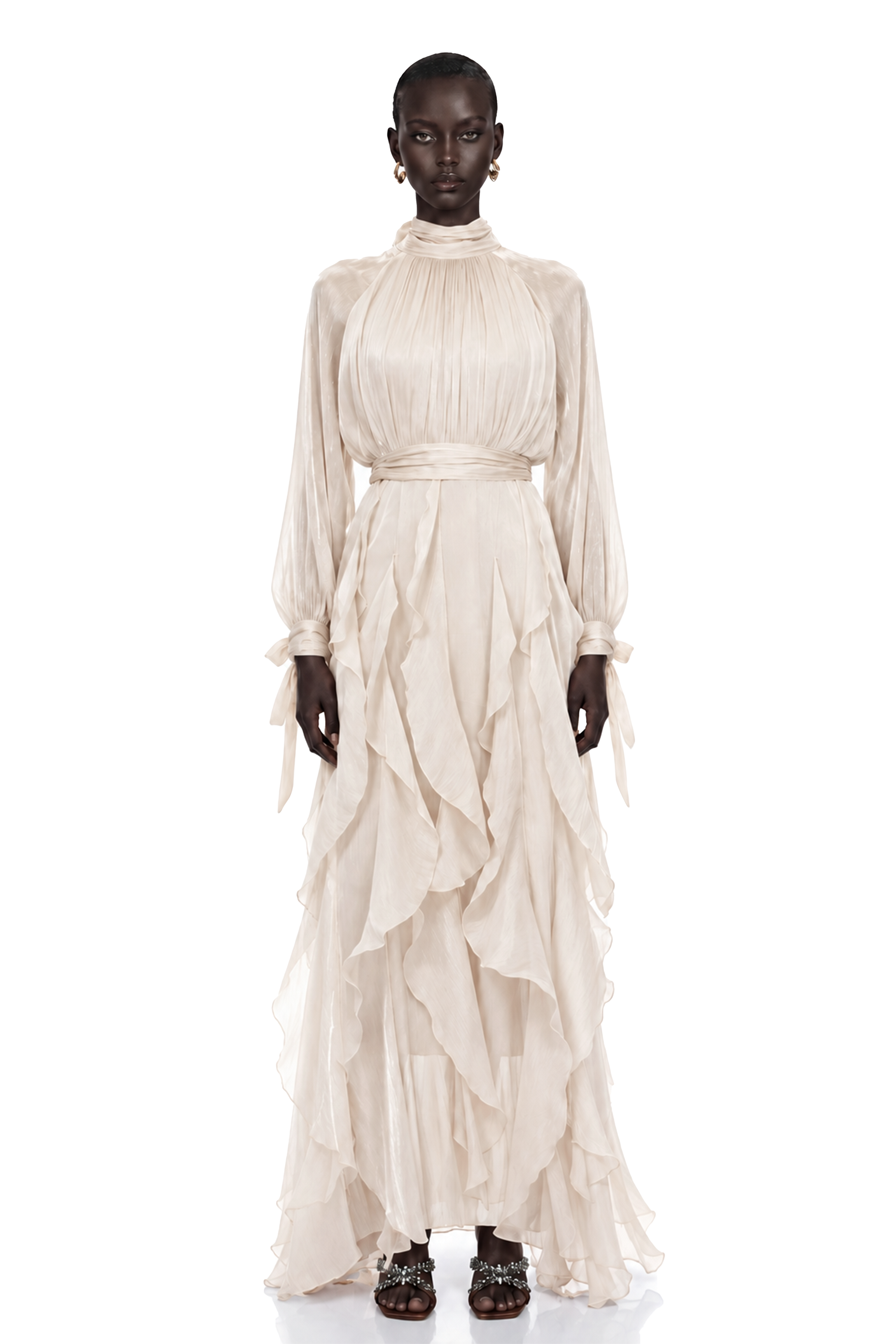 Zélie Neutral Glossy Pleated Ruffled Maxi dress