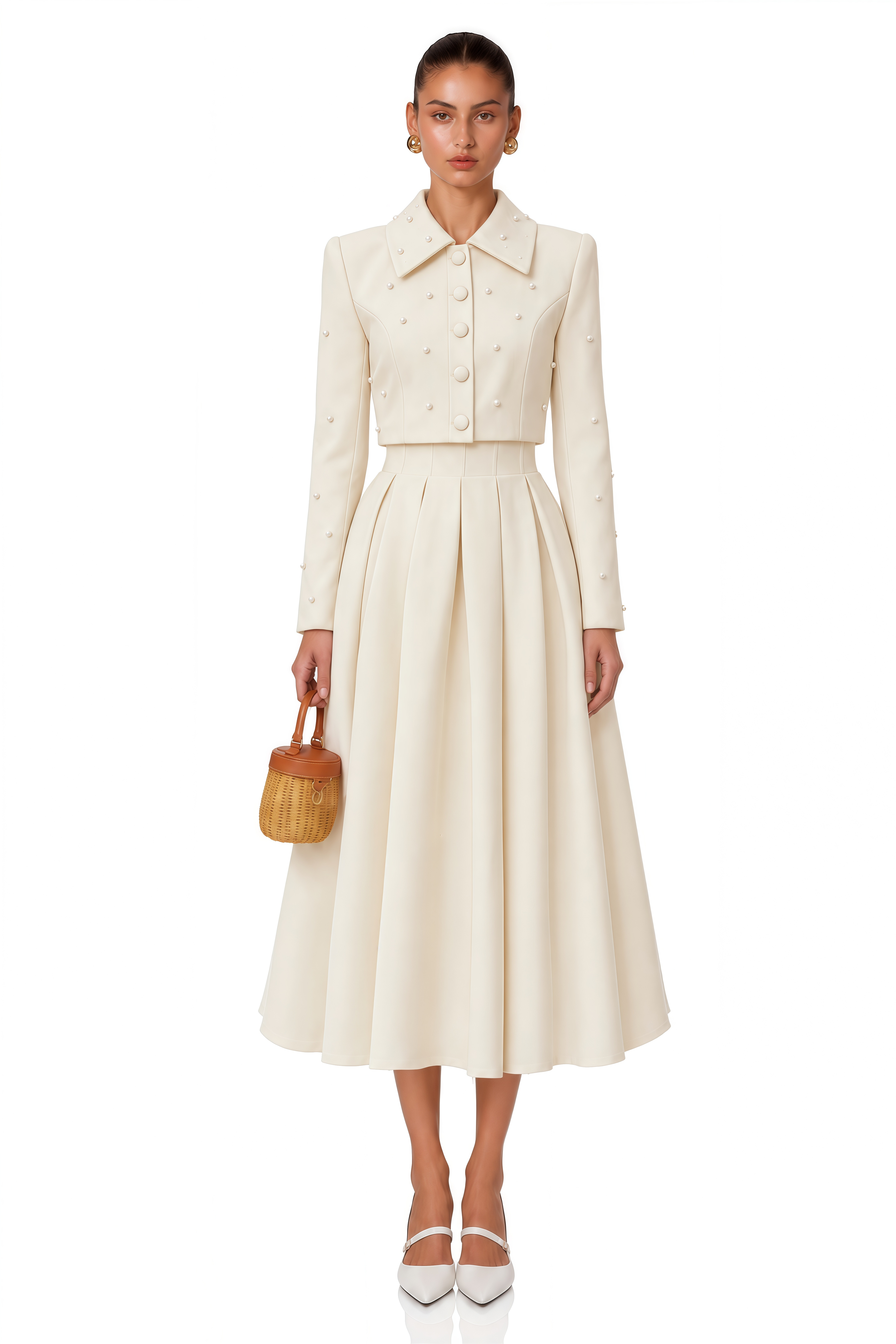 Maja White Faux Pearl Jacket & Pleated Skirt Set
