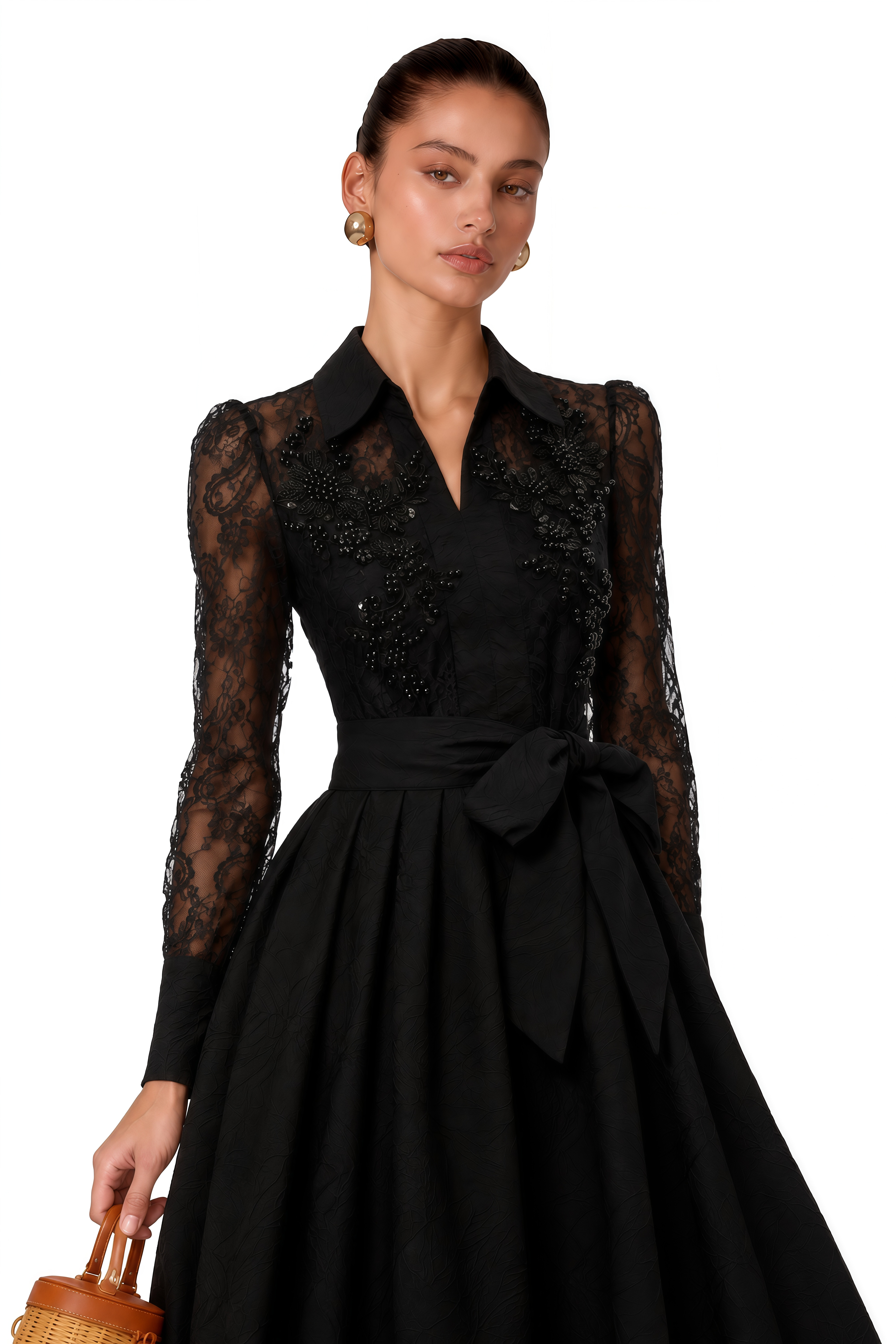 Lilliana Black Lace Midi Dress with Lapel Collar