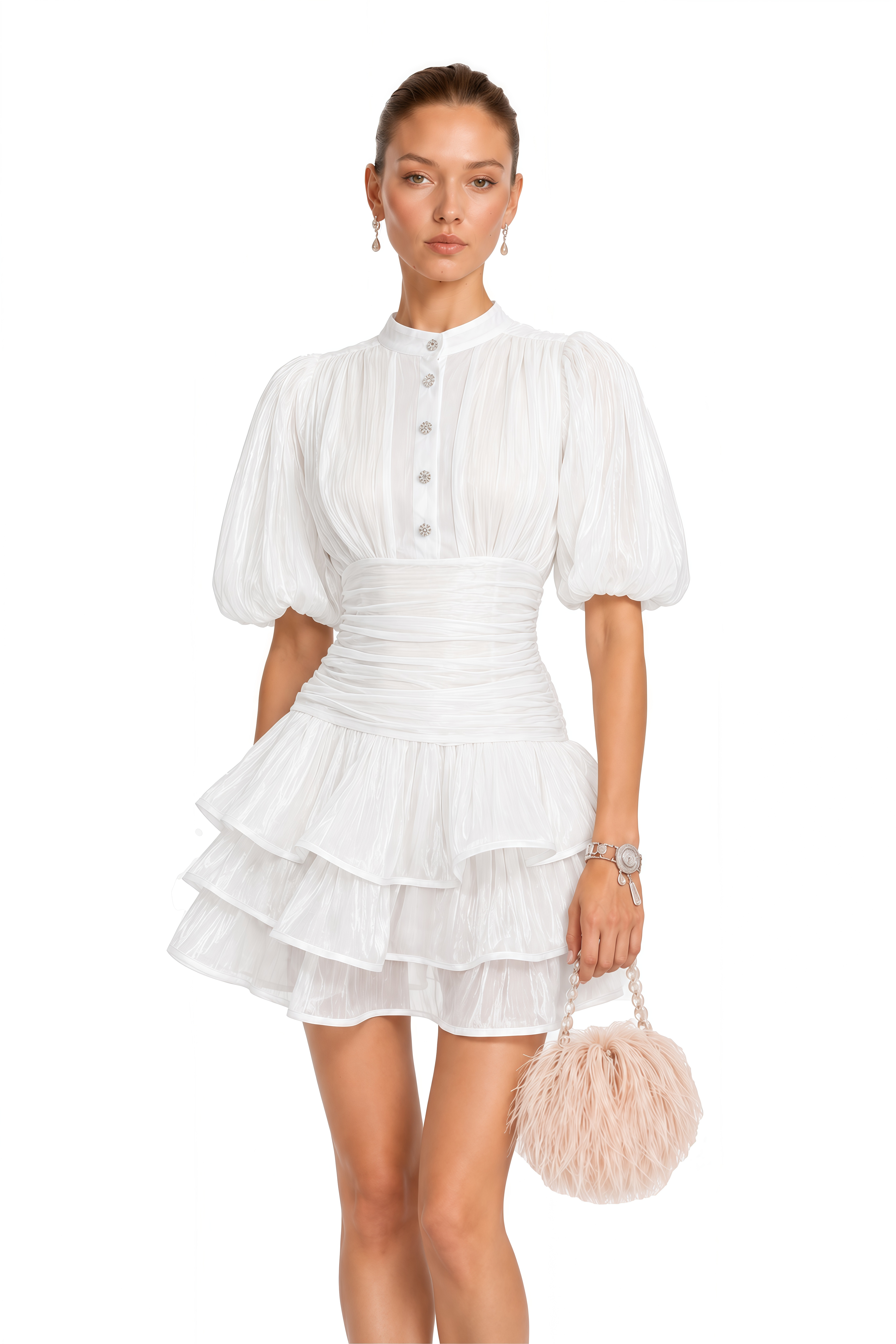 Emersyn White High-Neck Ruffled Detail Mini Dress