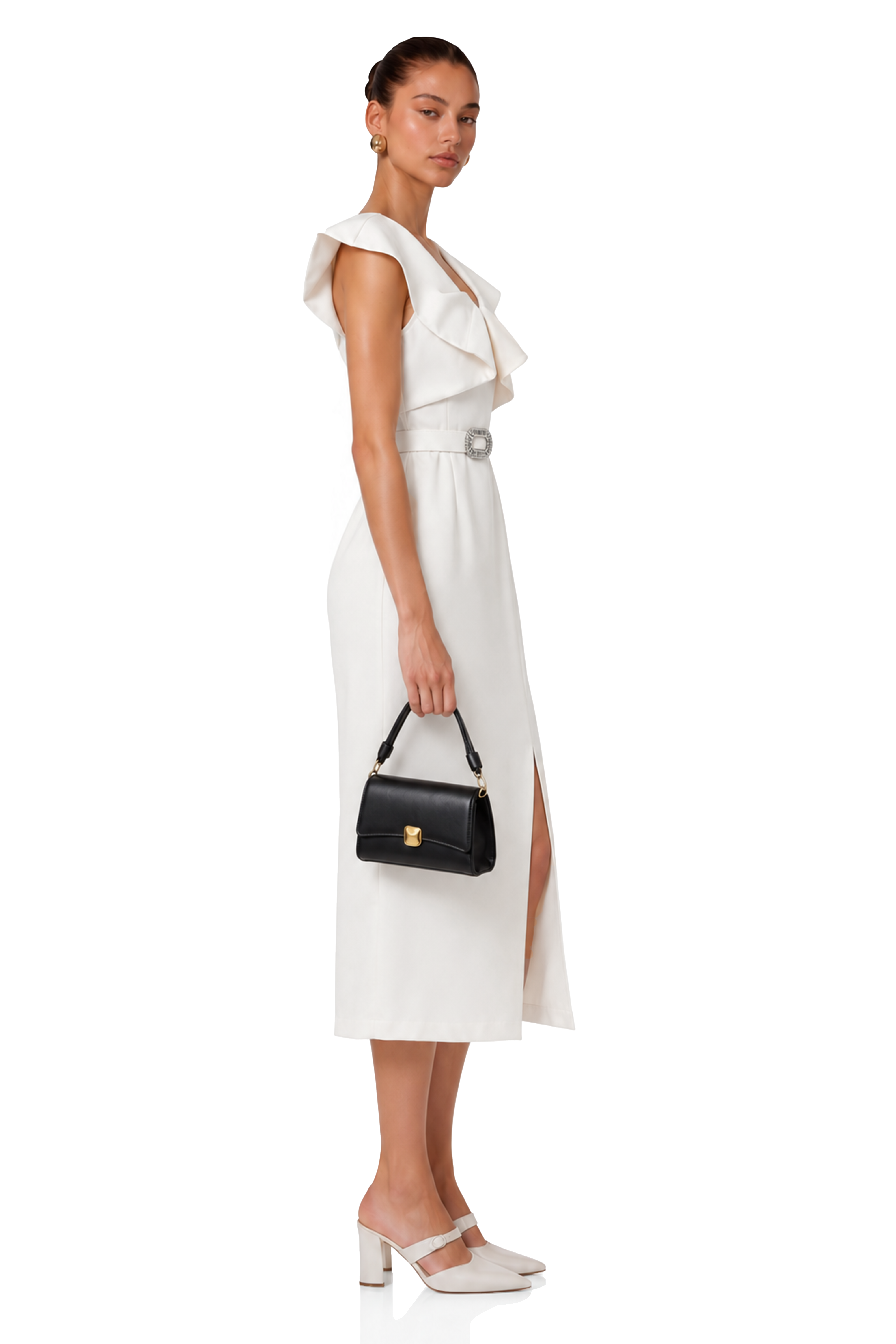 Caroline White V-Neck Ruched Maxi Dress with Slit