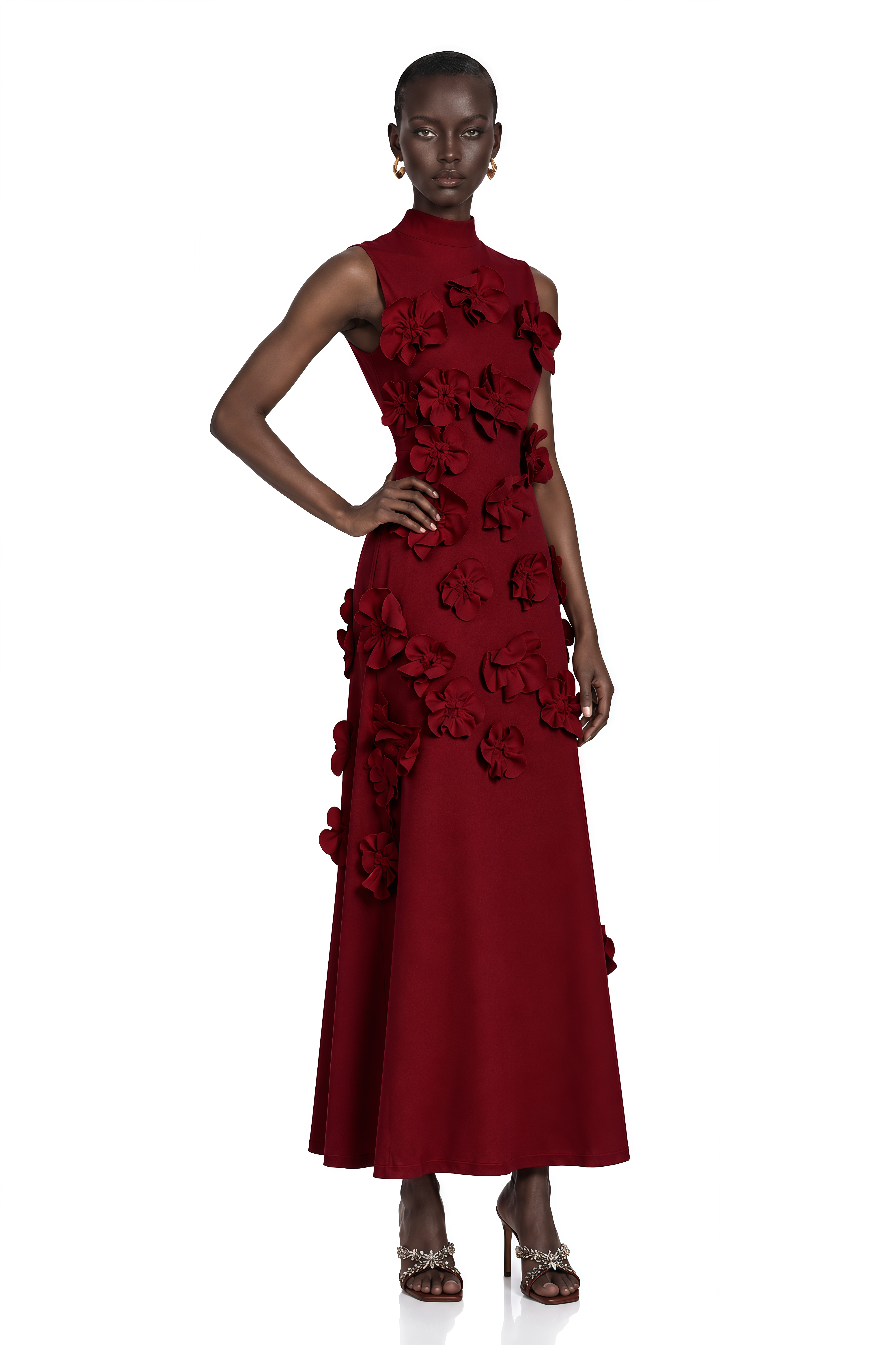 Magali Red Sleeveless Maxi Dress with Faux Flower & Bow-Tie Embellishment