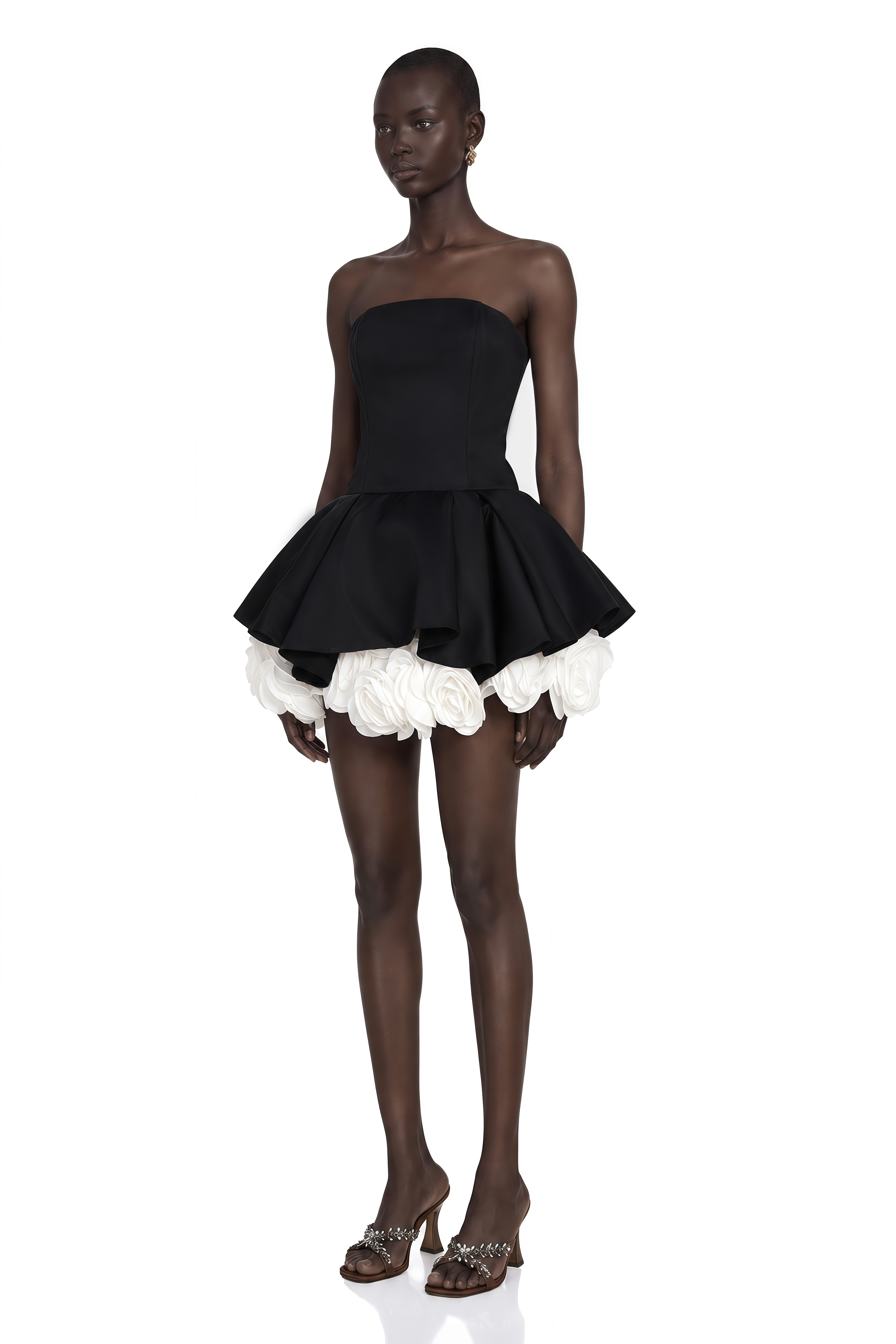 Lucie Black Petal-Layered Strapless Corset Mini Dress