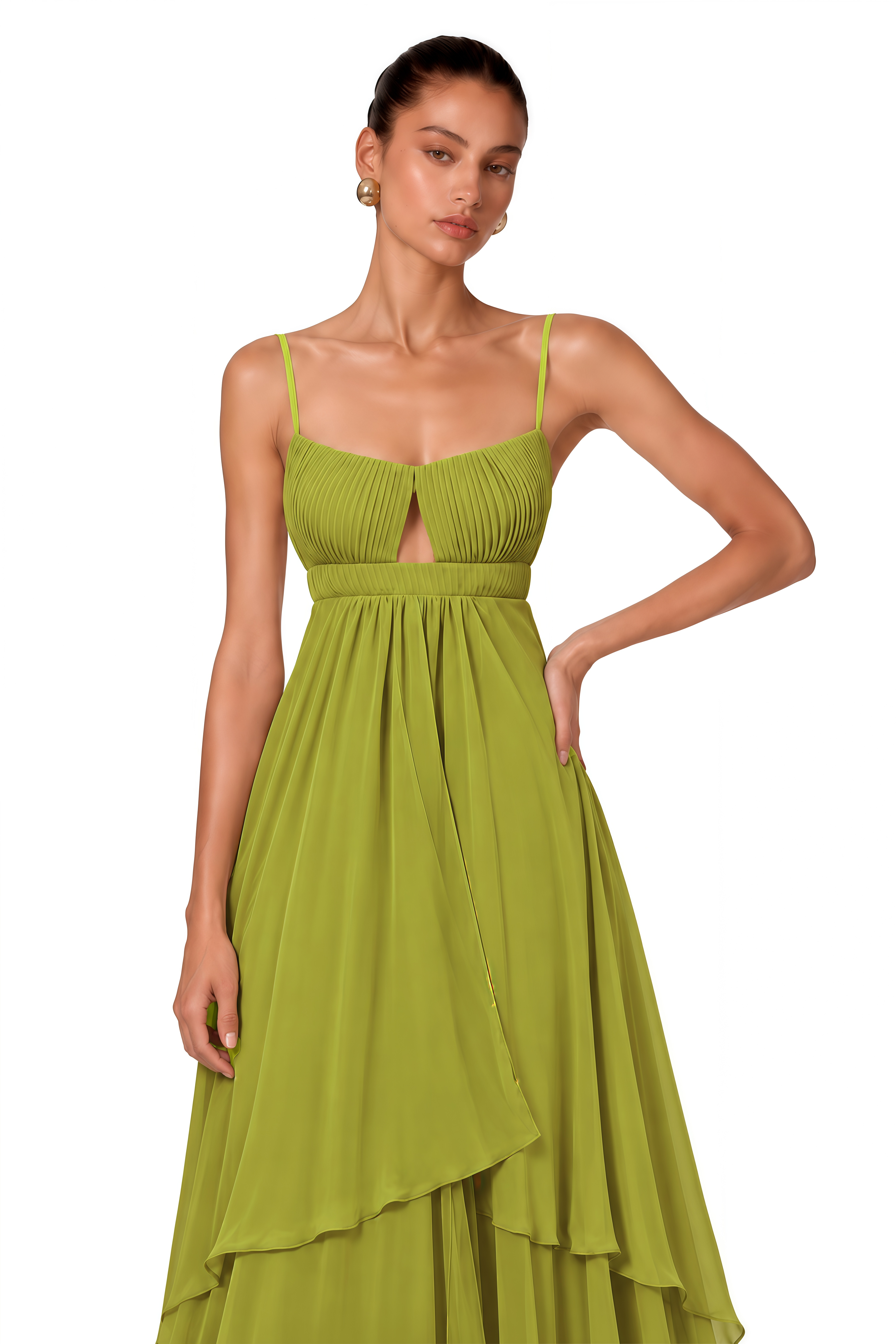 Lilliana Olive Green Tiered Maxi Dress with Cut-Outs