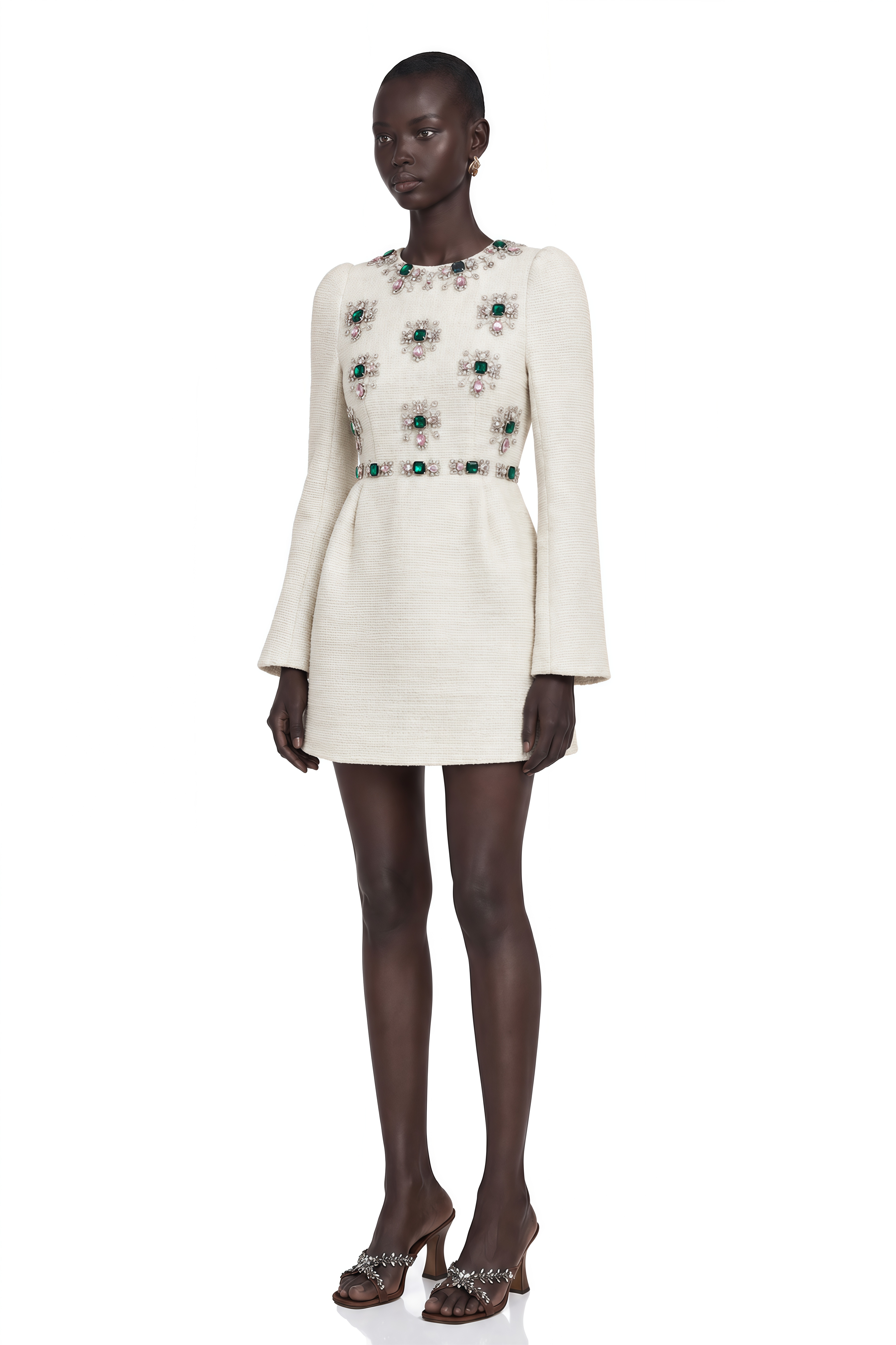 Pauline White Tweed Bead-Embellished Mini Dress