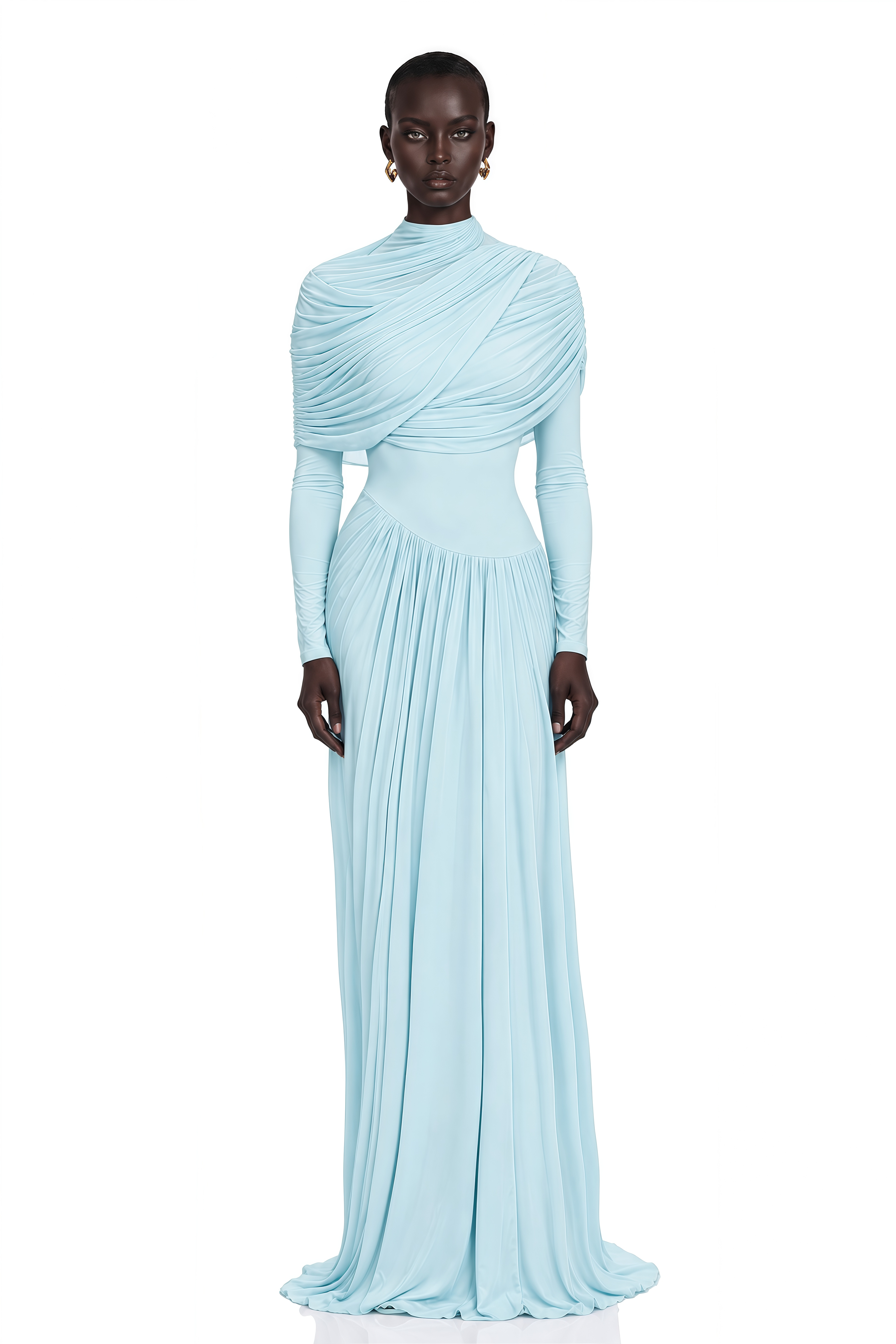 Catherine Baby-Blue Asymmetrical Pleated Long-Sleeve Maxi Dress