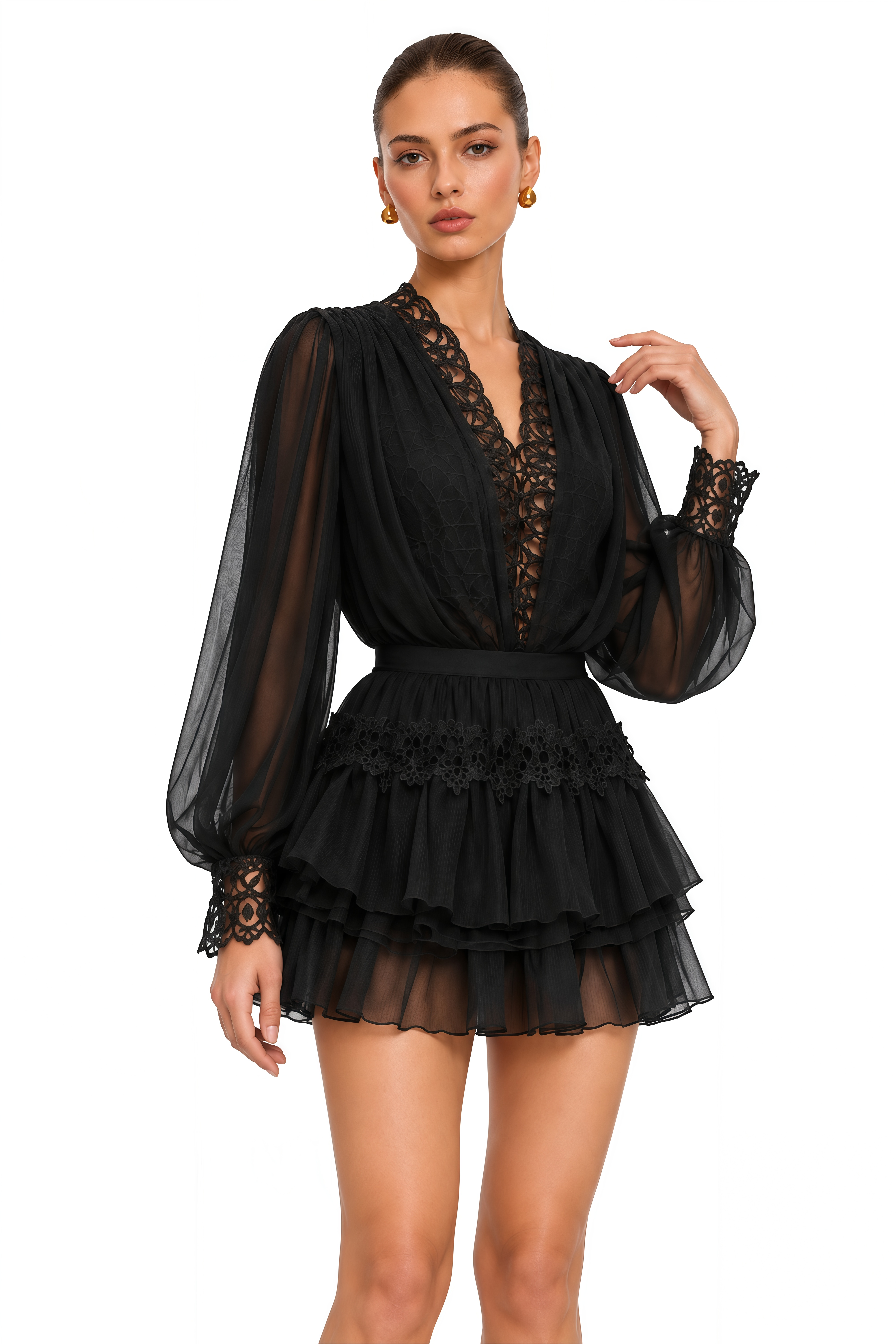 Sophie Black Lace Trim Blouse & Tiered Skirt Set