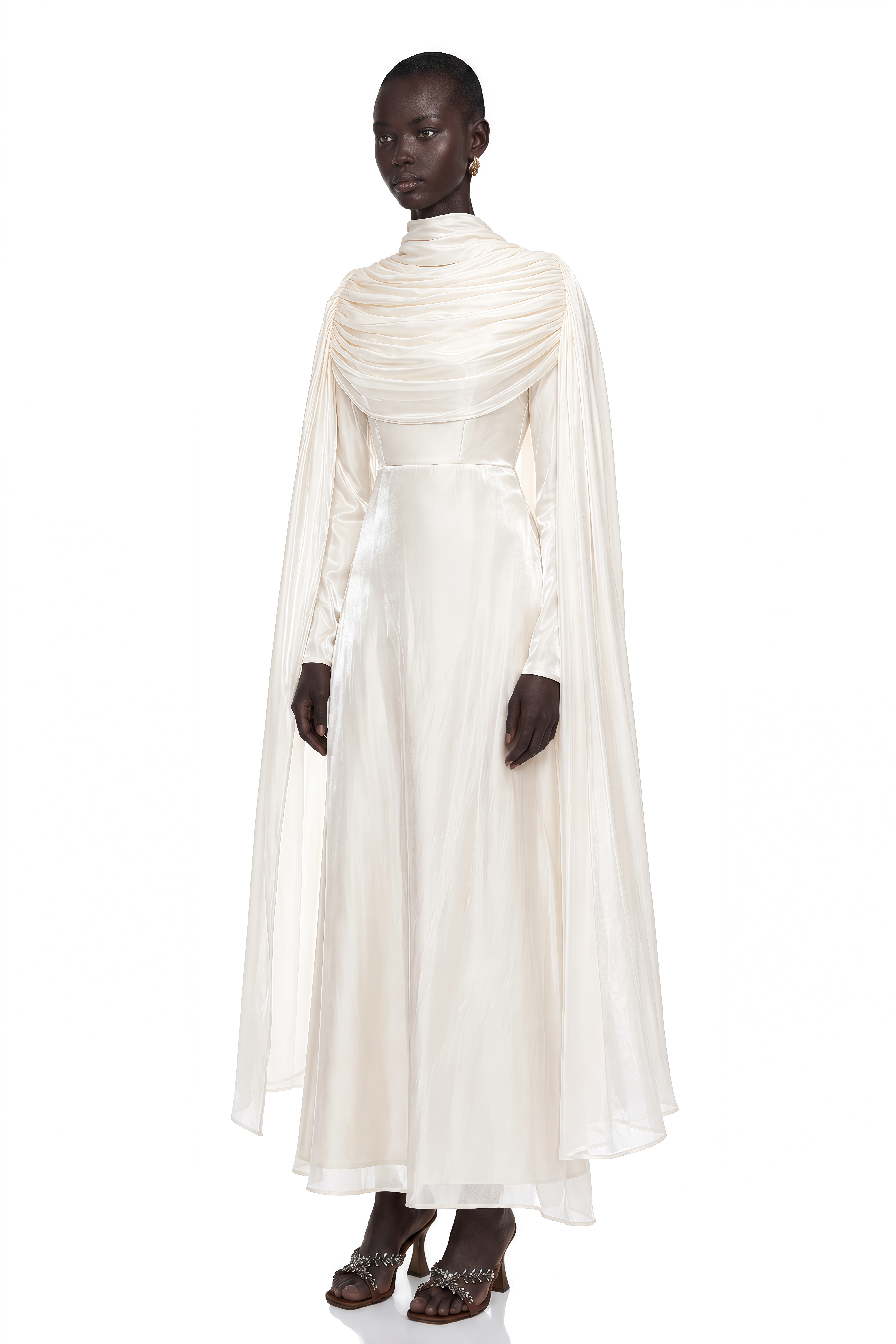 Hege Cream Glossy Ruched Cape Maxi Dress