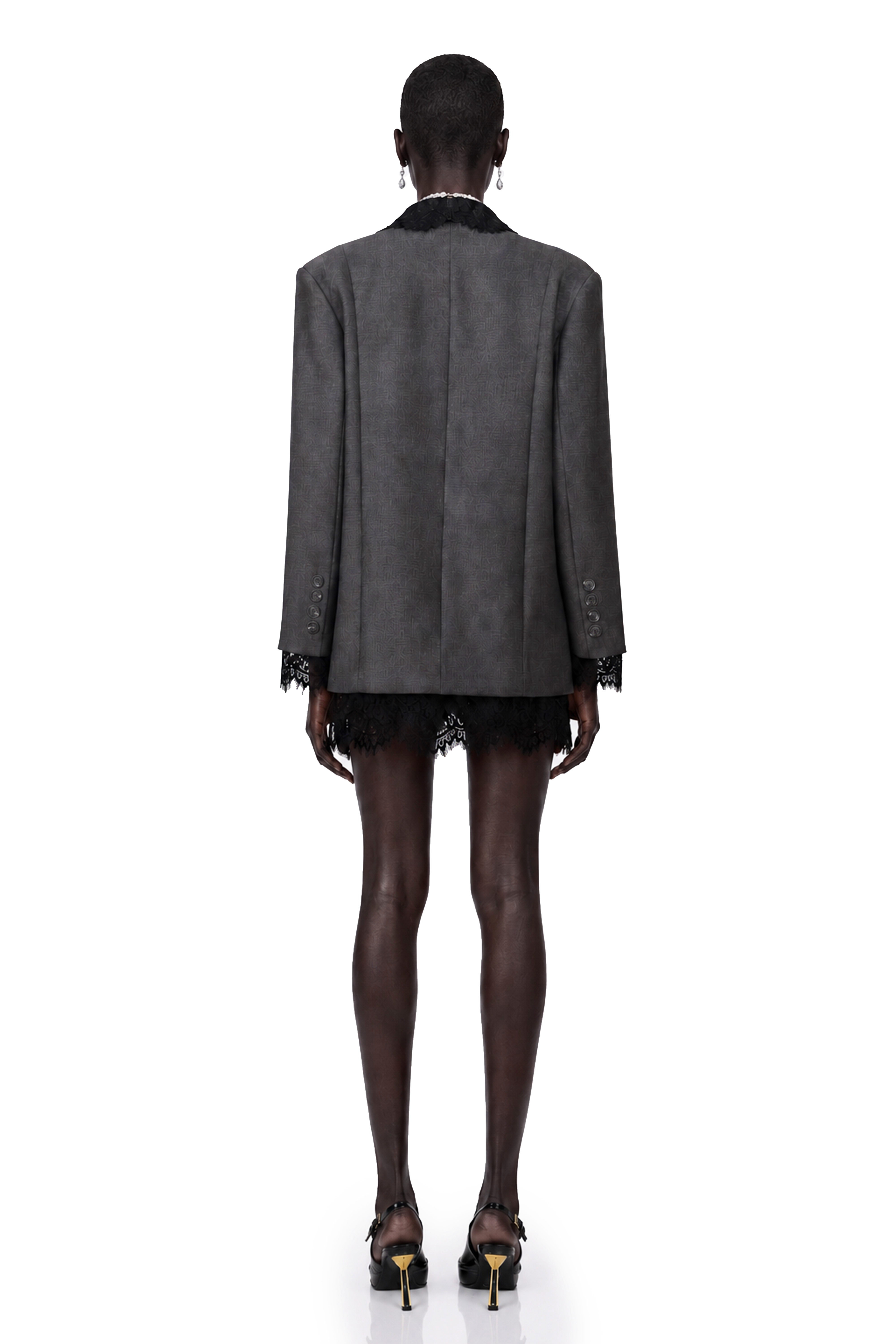 Grey blazer with black lace trim