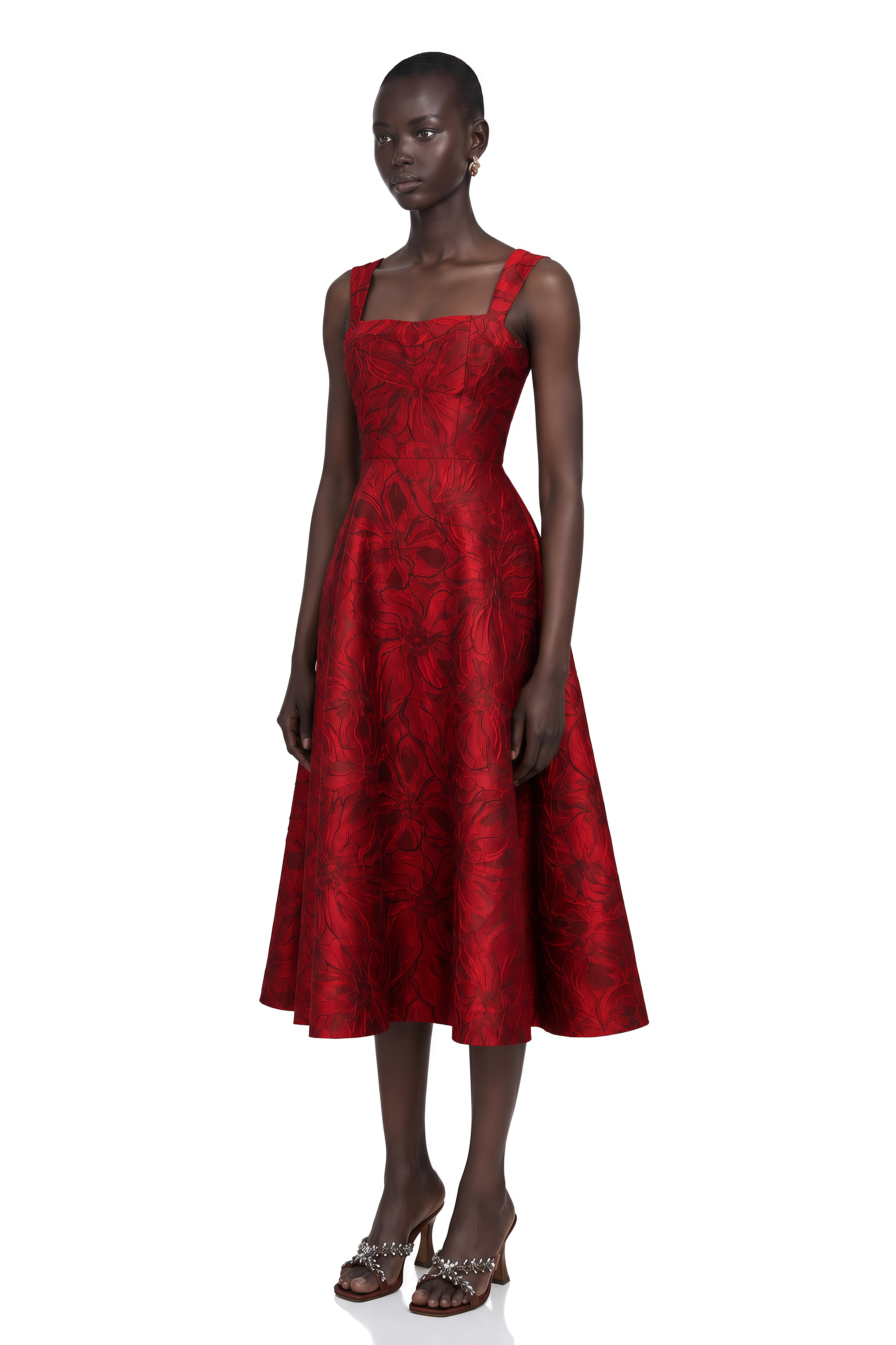 Hélène Red Floral-Jacquard Midi Dress
