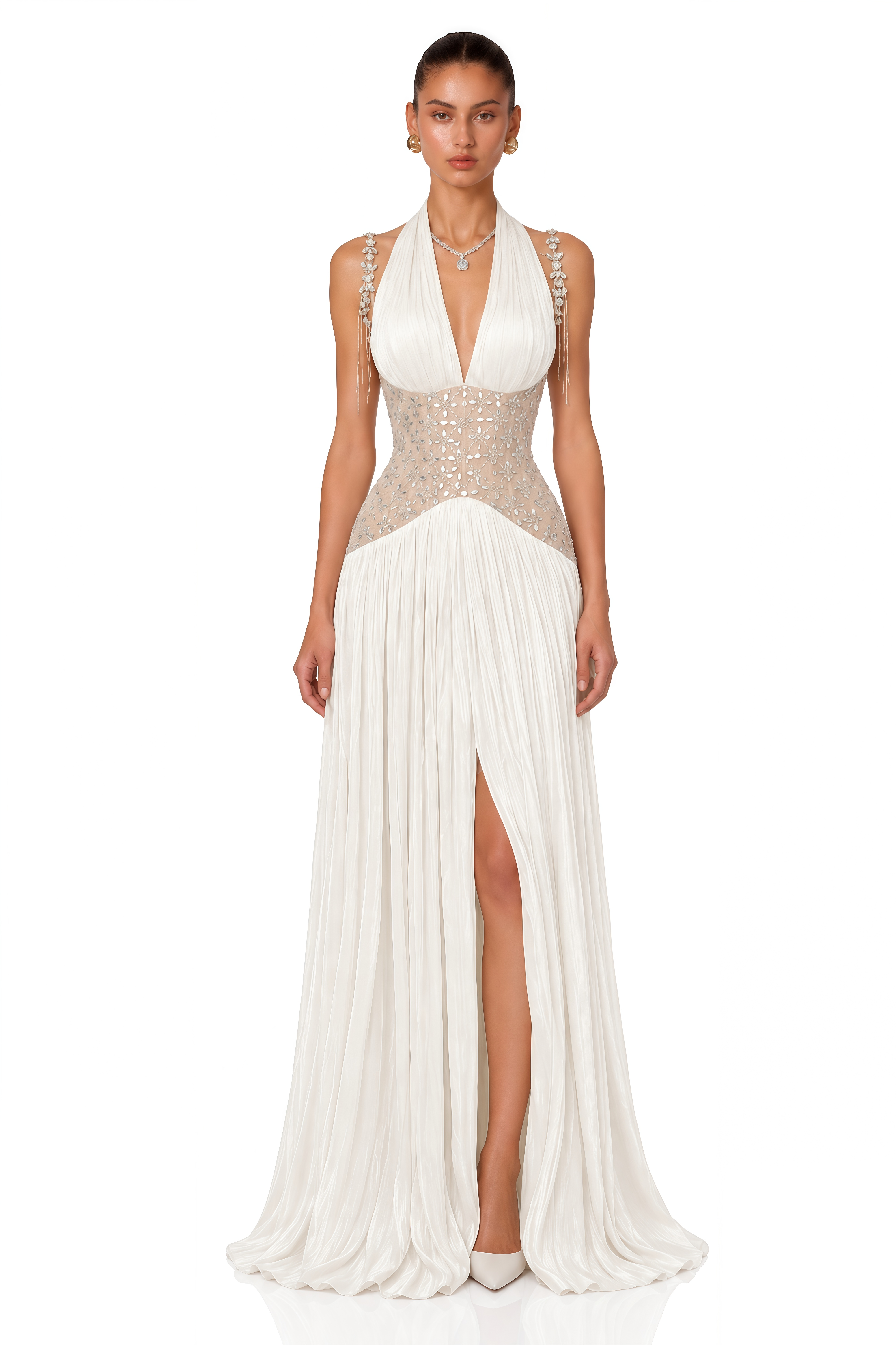 Gwenaëlle White Rhinestone Panel Maxi Dress
