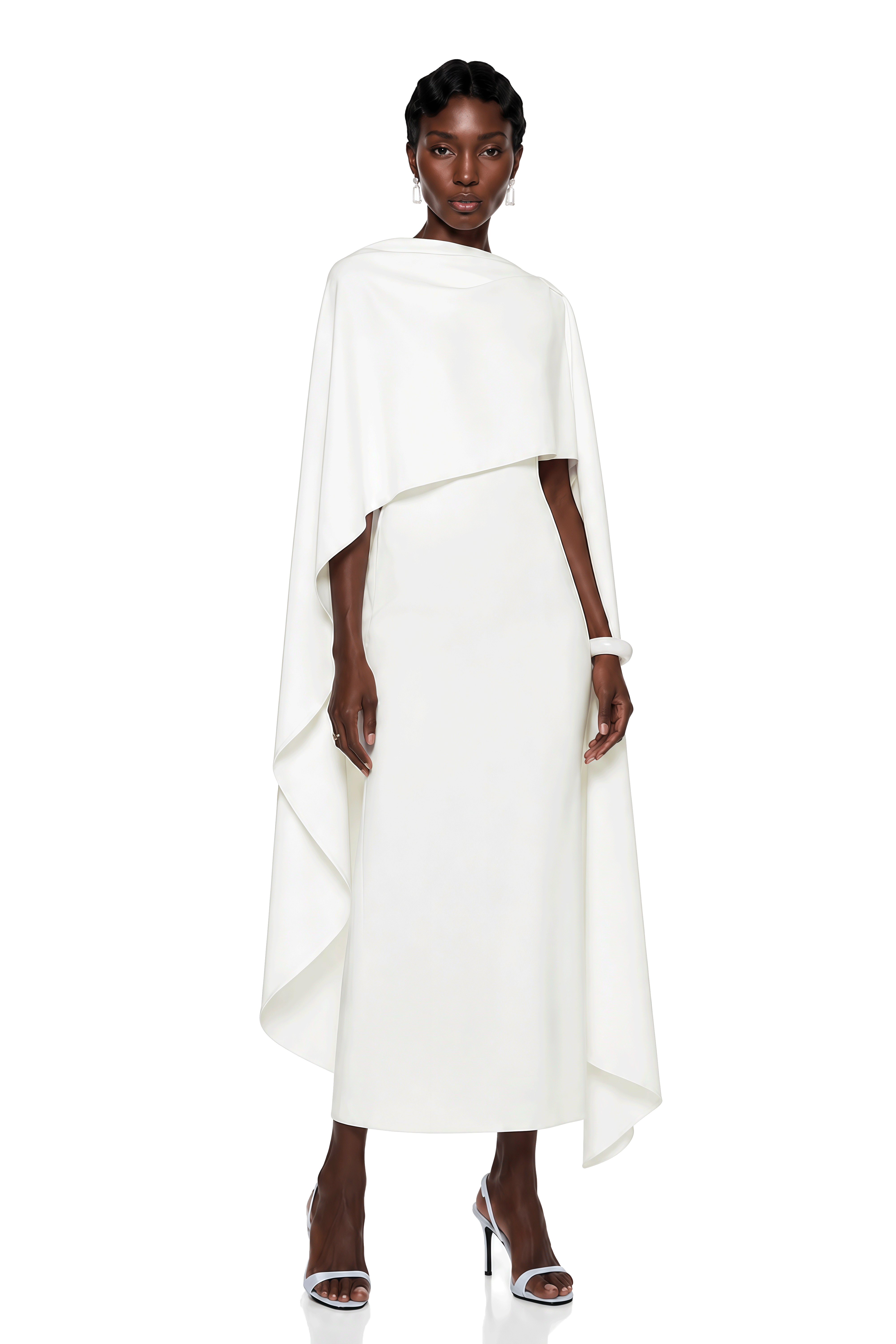 Ecem White Backless Maxi Dress with Cape