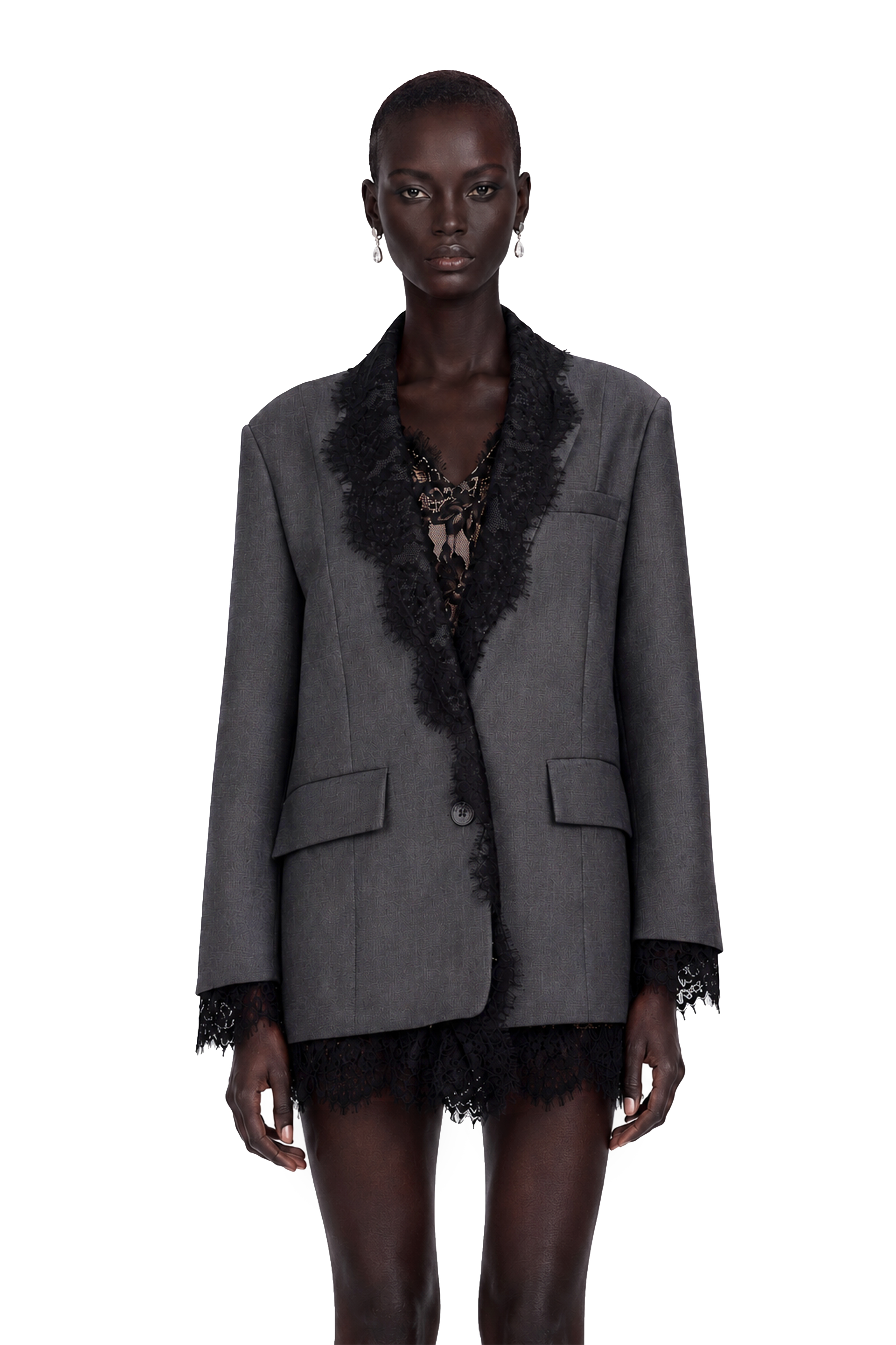 Grey blazer with black lace trim